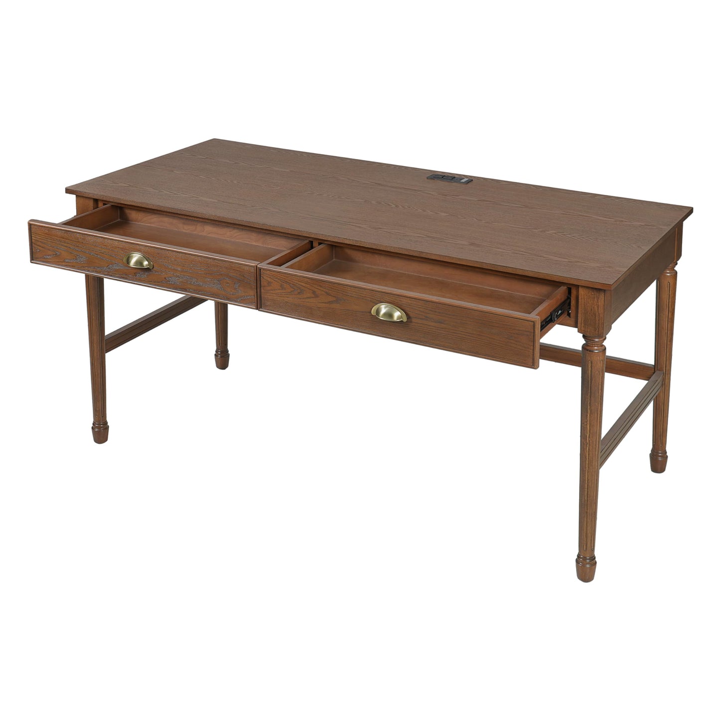 Merax 60" Home Office Desk with Power Outlets & USB, Writing Desk with 2 Drawers & Solid Rubber Wood Legs, Modern Workstation for Living Room, Bedroom & Study, Walnut