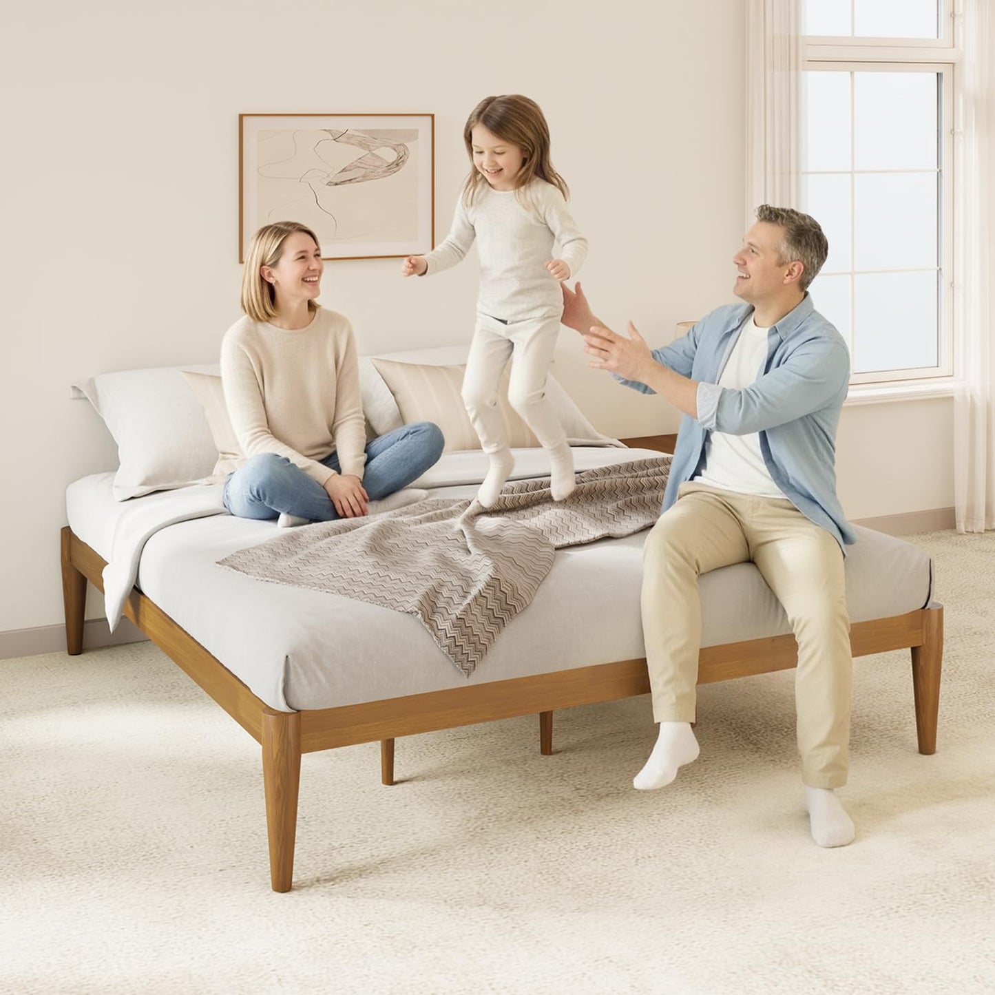 IOTXY Full Platform Bed Frame - Solid Wood 16-Inch Height Mattress Foundation Base with Densely Slats and Heavy-Duty Support Legs, No Box Spring Needed, Teak