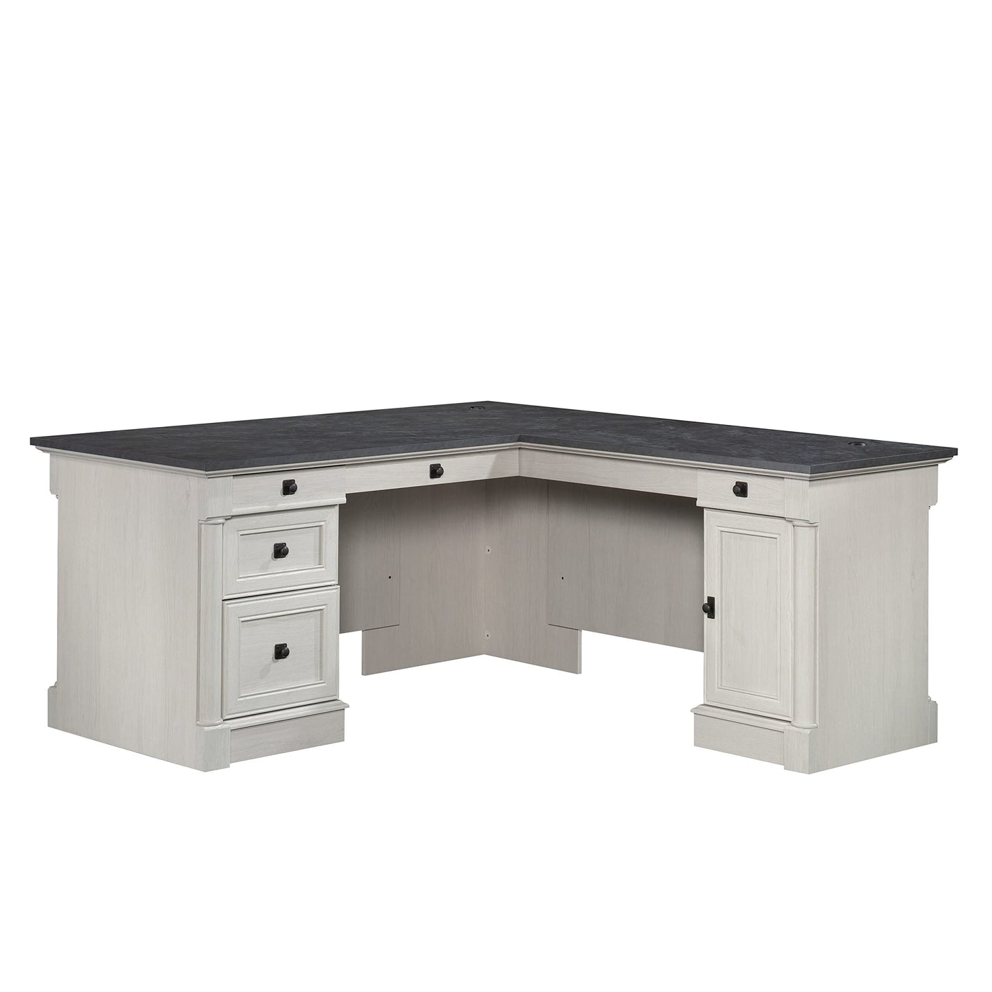 Sauder Palladia L Shaped Desk with Drawers, Office Desk with File Cabinet Storage, Cable Management, Keyboard Tray, in Glacier Oak Finish