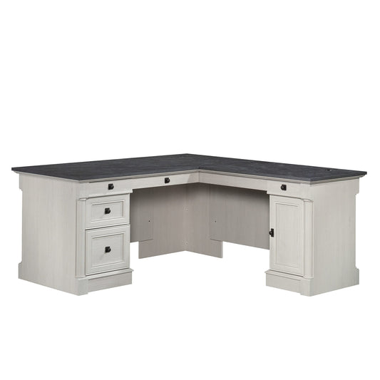 Sauder Palladia L Shaped Desk with Drawers, Office Desk with File Cabinet Storage, Cable Management, Keyboard Tray, in Glacier Oak Finish