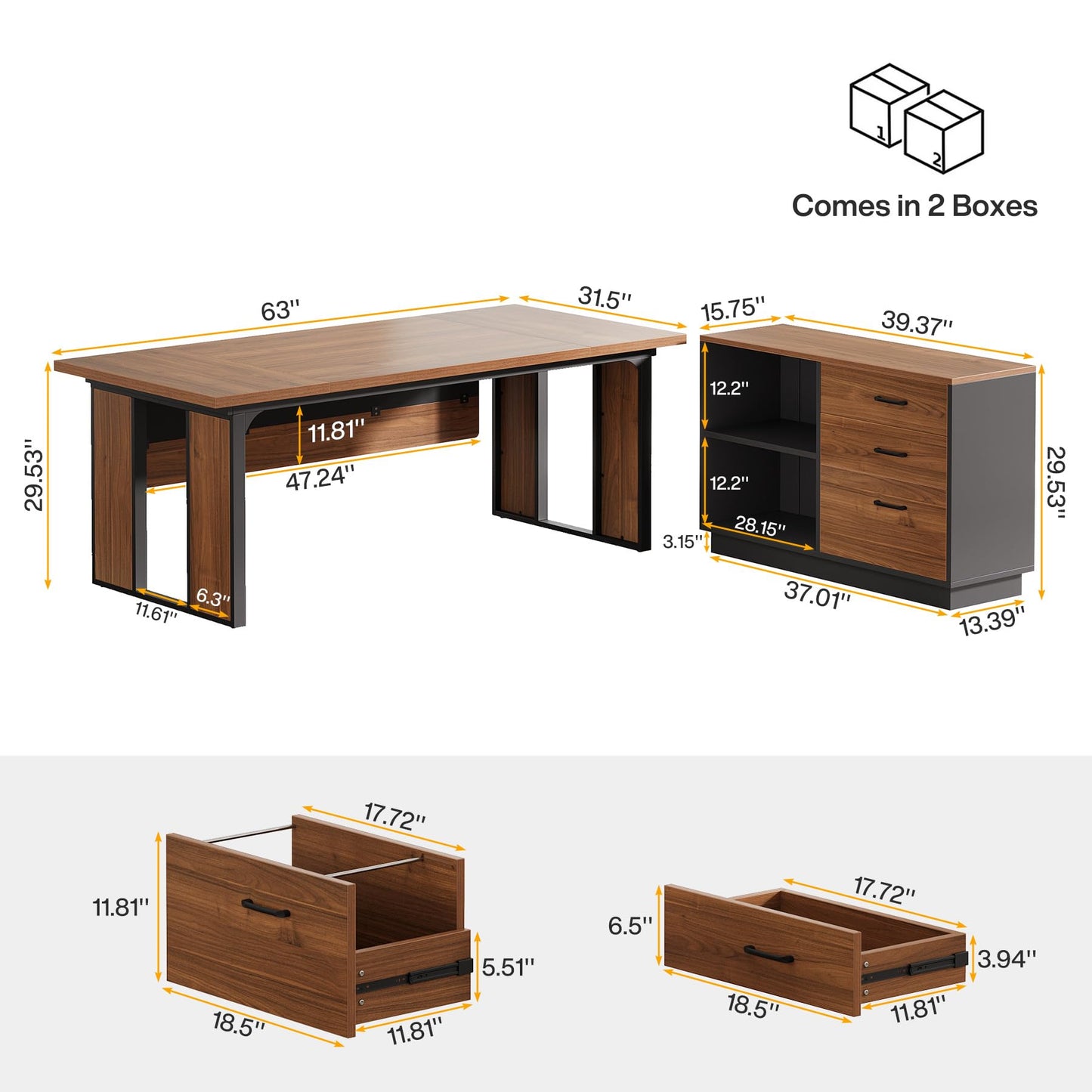 Tribesigns 63‘’ L-Shaped Executive Desk, Office Table with 39.37-Inch Drawers Cabinet, Large Computer Desk with Storage Shelves, Business Furniture Set for Home Office, Brown & Black