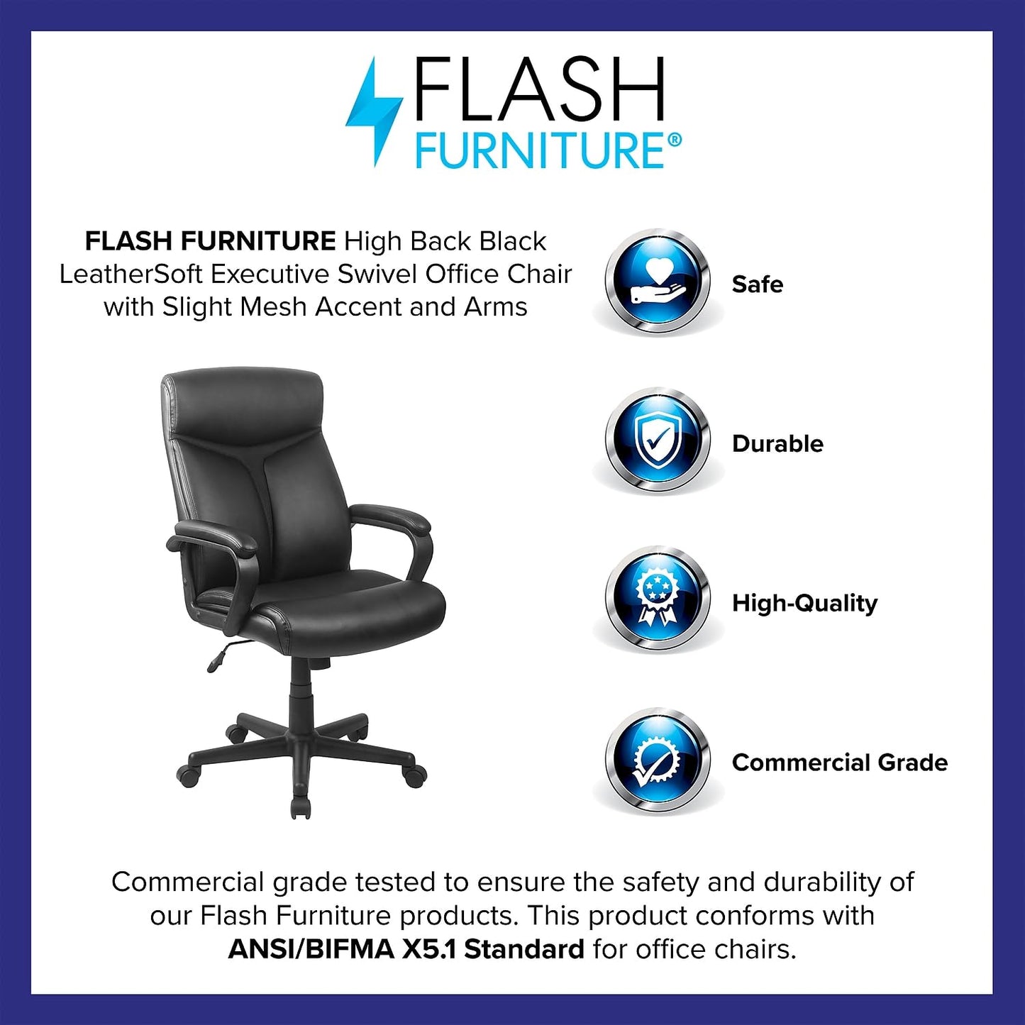 Flash Furniture Raya High Back Black LeatherSoft Executive Swivel Office Chair with Slight Mesh Accent and Arms