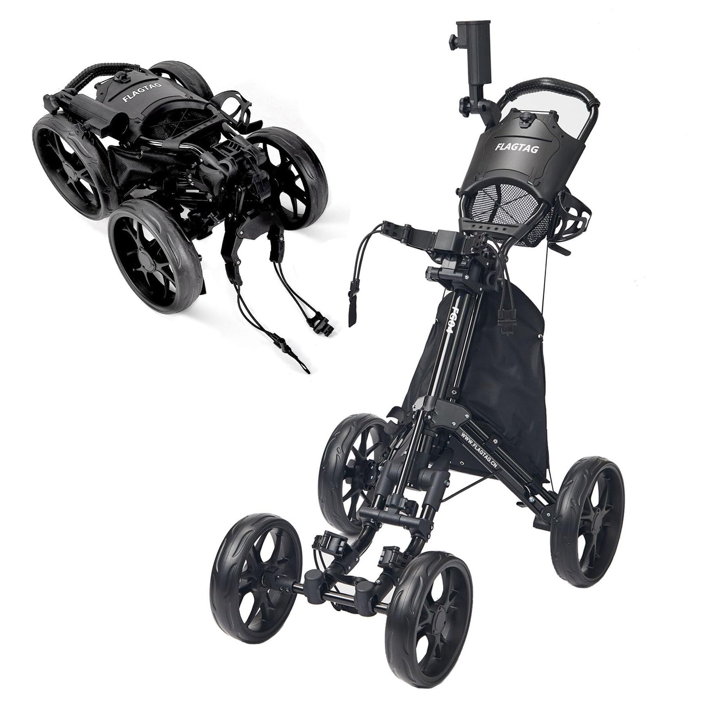 FLAGTAG Golf Push Cart 4 Wheels,Folding Golf Cart, Golf Pull cart with Cup Holder,Umbrella Holder,Cooler Bag, Foldable with one-Click,Handle Height Adjustable,Drink Holder,Walking Push cart