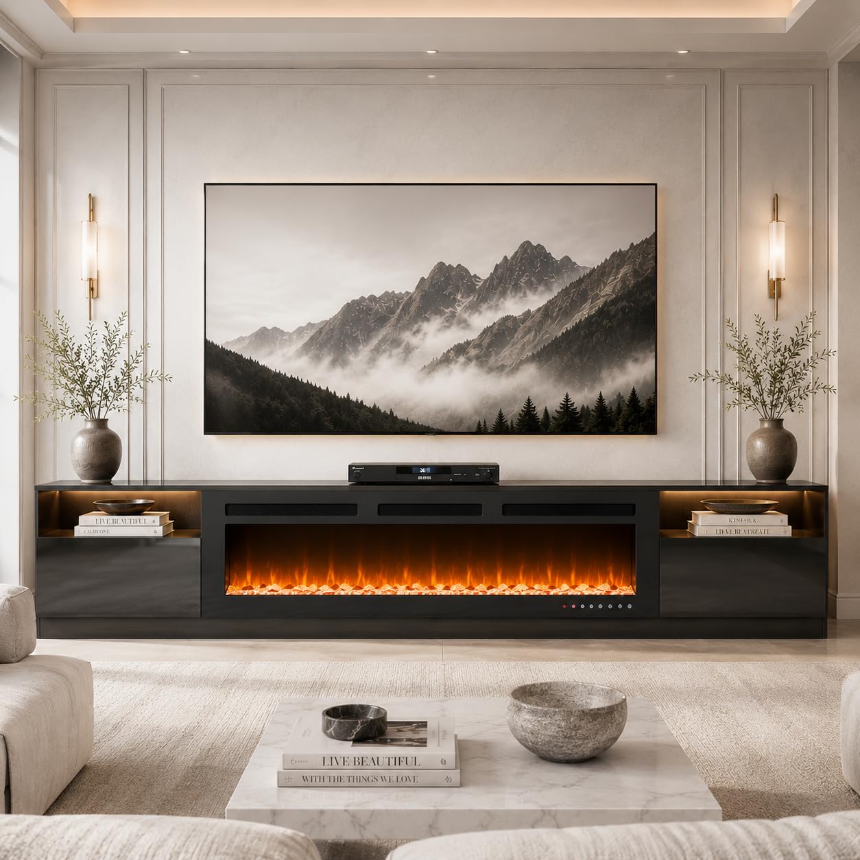 OneBlis 90" Fireplace TV Stand for TVs Up to 100",Entertainment Center with 50” Electric Fireplace and 12 Colors LED Lights,Large TV Console with Storage Cabinet for Living Room,All Black