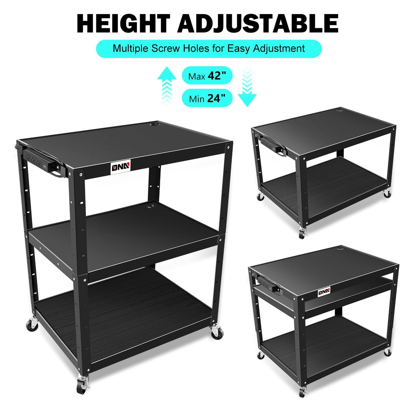 DNA Motoring 3-Layer Utility Steel AV Cart with Wheels Power Strip, 35" x 25" x 24"-42" Height Adjustable Rolling Projector Cart,TOOLS-00137