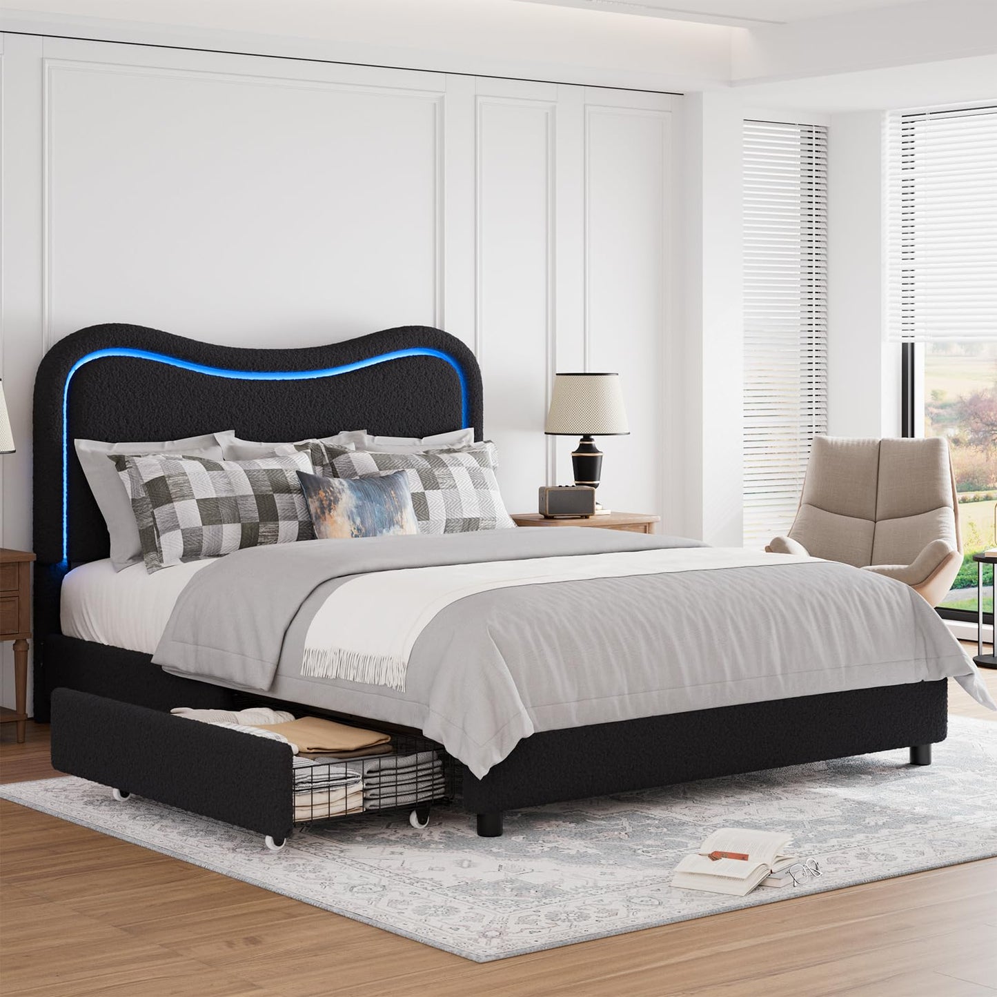 GarveeHome LED Full Size Bed Frame with 2 Drawers and Headboard, Cute Upholstered Bed with Storage, Sturdy Platform Bed, No Box Spring Needed, Wooden Slats, Noise Free, Black