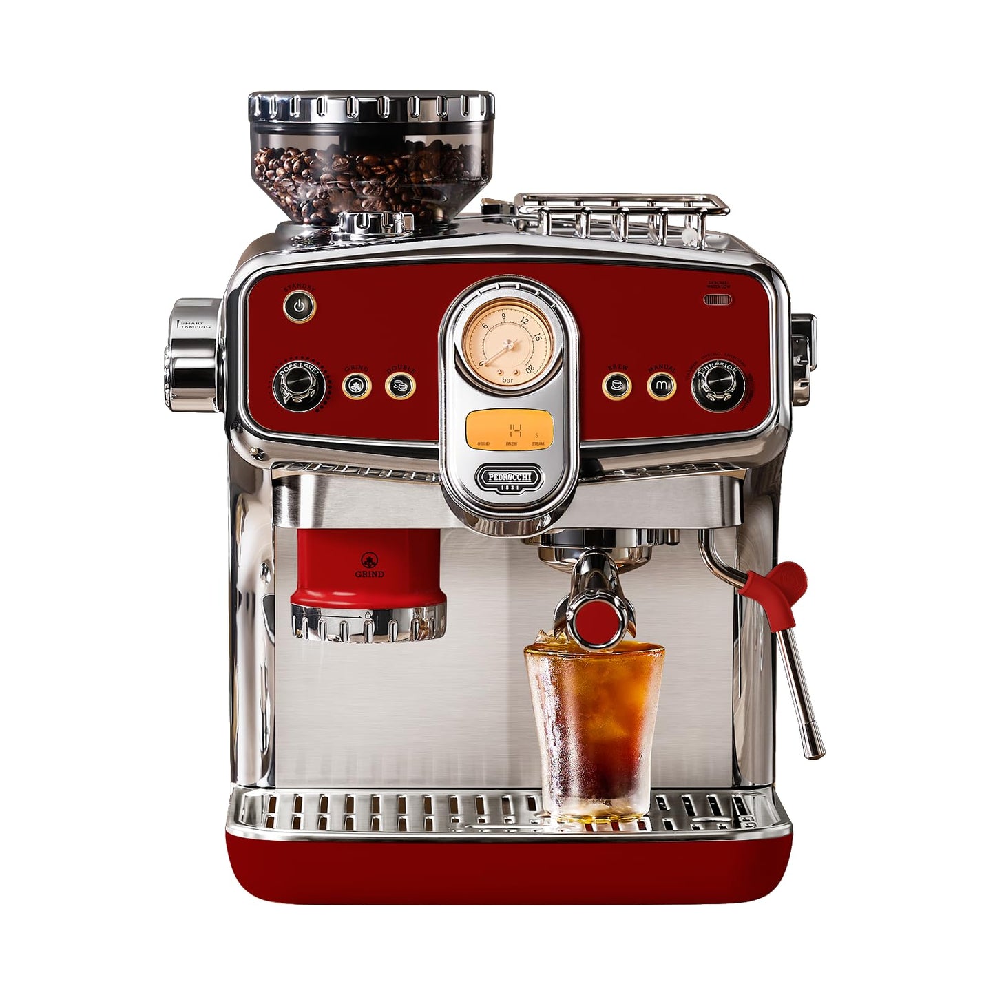 Pedrocchi Espresso Machine with Grinder& Milk Frother | Instant Espresso-to-Cold Brew – Dual Pump | Auto Tamping & 58mm | 20Bar | PID | 35 Settings | 3-Hole Steam Wands | For Home & Café