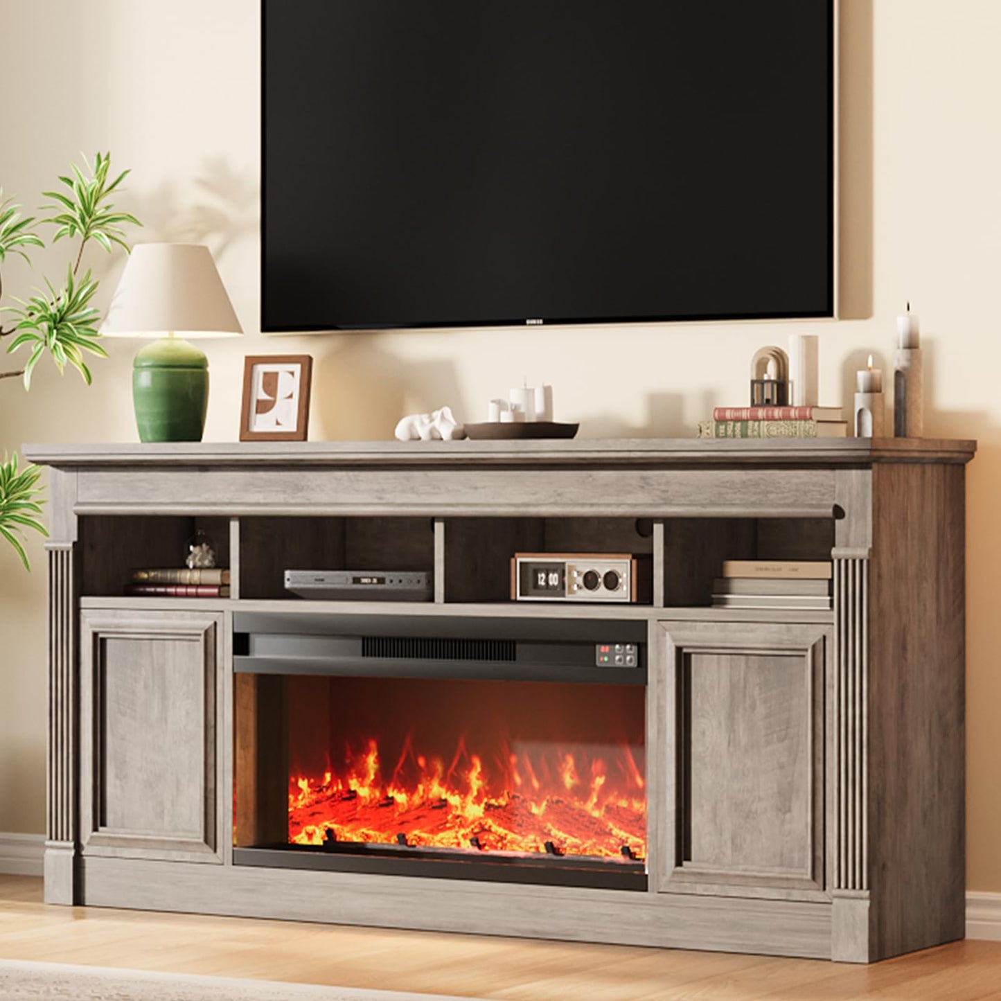 GarveeHome 68" Farmhouse Electric Fireplace TV Stand for TV Up to 75", Entertainment Center with 36'' Fireplace, Console Table TV Cabinet with Open Storage Shelves for Living Room
