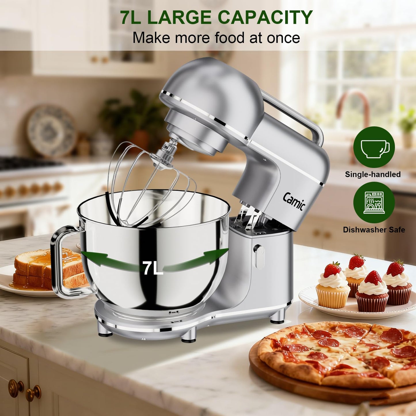 Camic Electric Stand Mixer,7.45 QT,10 Speeds with Dough Hook,Whisk, Flat Beater Attachments, Splash Guard, Easy-Carry Top Handle,3-IN-1 Kitchen Mixer for Baking Cakes Cookie Bread Salad (Silver)