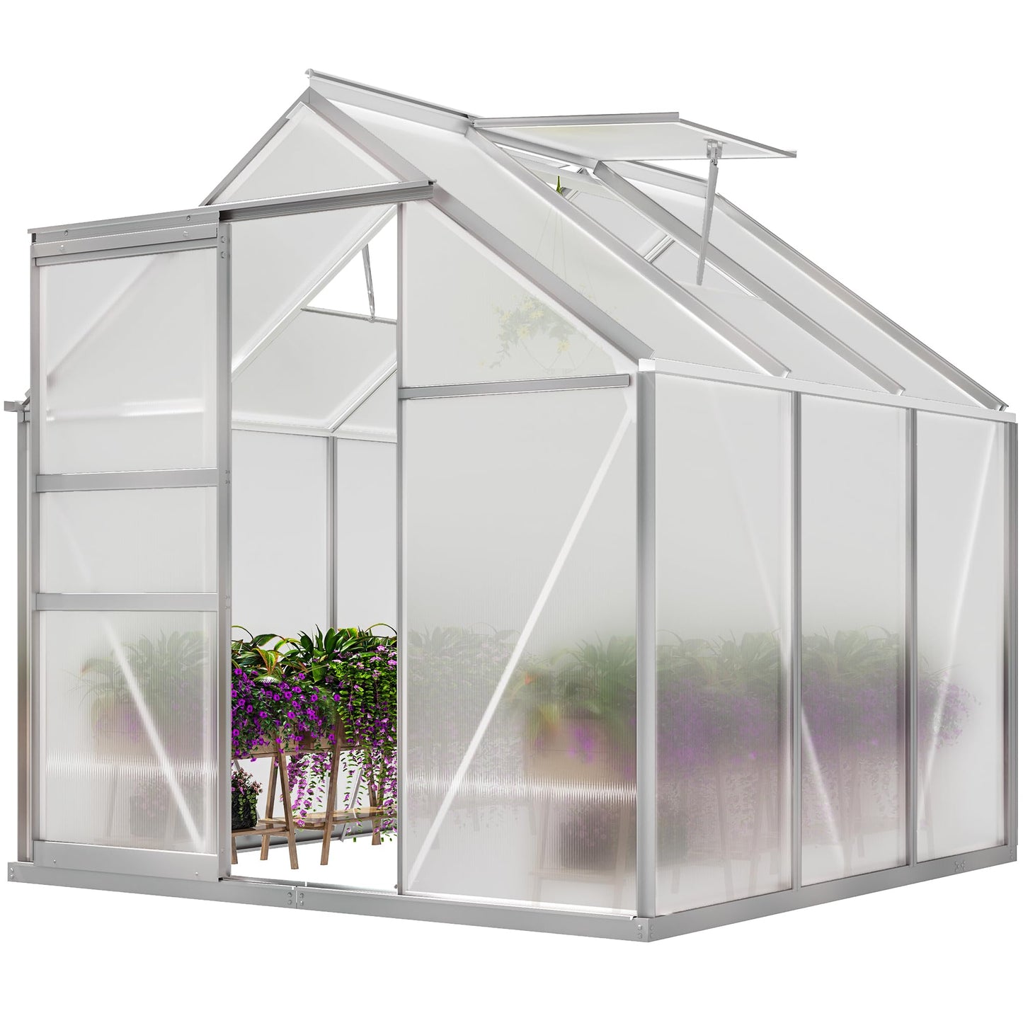 YITAHOME 6x6FT Polycarbonate Greenhouse Heavy Duty Green Houses Outdoor Greenhouses Aluminum Sliding Doors Vent Window Large Sun House for Garden Backyard, Silver