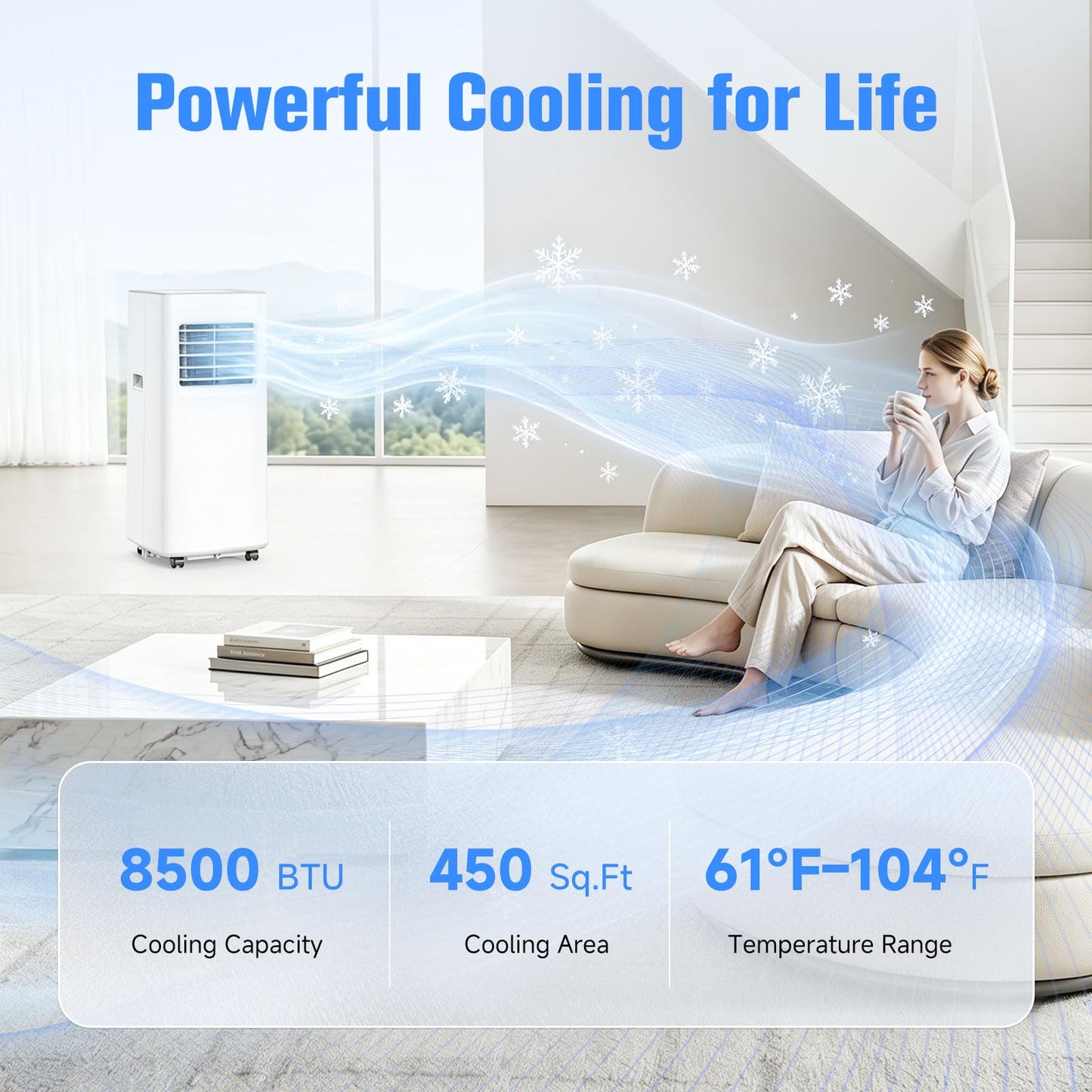 Portable Air Conditioner, 3-in-1 8500 BTU AC Unit with Fan & Dehumidifier – Quiet Cooling for Bedroom, Home Office up to 450 sq.ft, Includes Complete Window Mount Kit