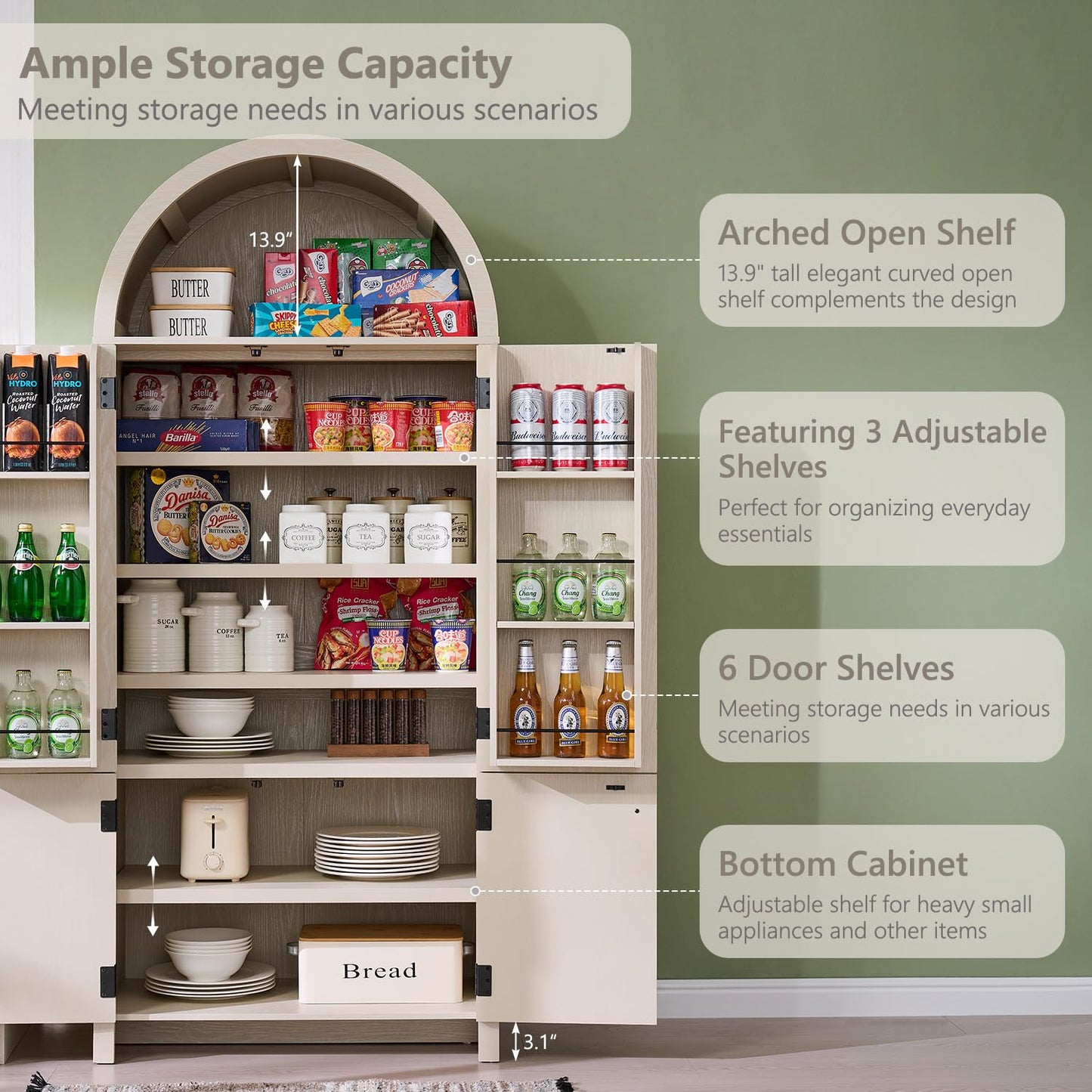 IFBUY 71" Tall Arched Bathroom Storage Cabinet, Modern Fluted Storage Cabinet w/Doors, 3 Adjustable Shelves, 6 Door Shelves, Wood Freestanding Cabinet for Bathroom, Entryway, Hallway, Cream