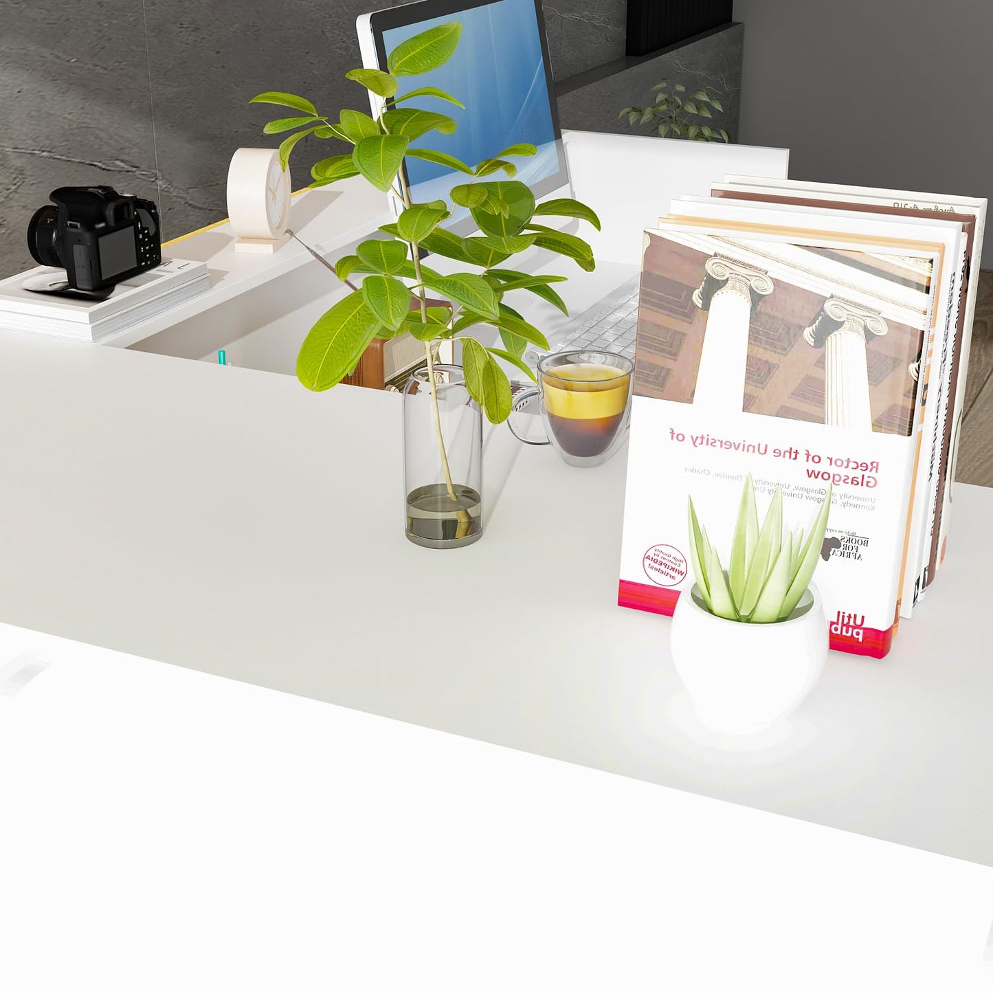 AIEGLE Reception Desk with Counter, 70.9" W Modern Retail Checkout Counter w/Drawers & Open Shelves, L-Shaped White Front Desk Reception Table with Storage Cabinet for Salon, Lobby, Office