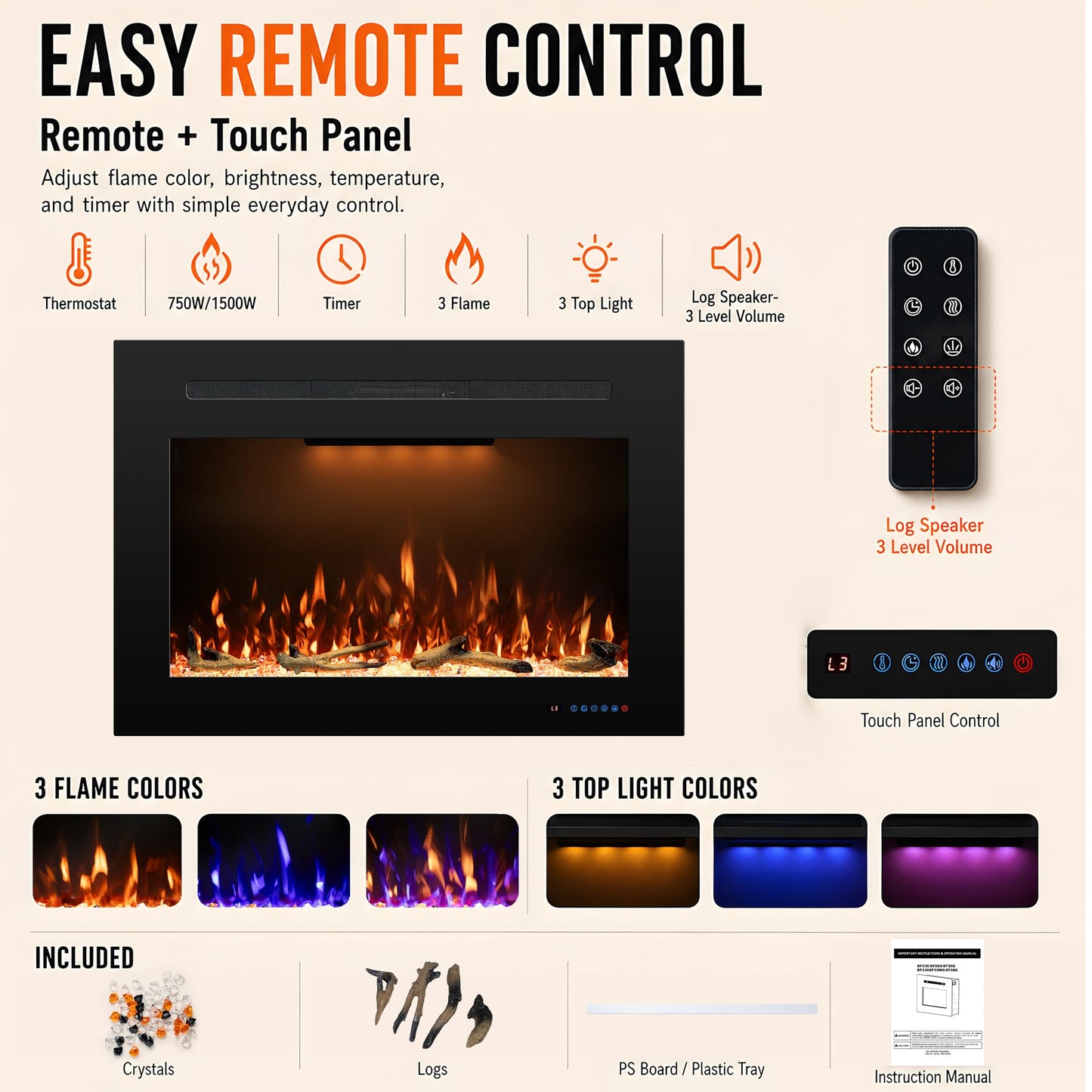 Rodalflame 29.6" W Rear Electric Fireplace Inserts with 3 Flame & Top Light, Recessed Fireplace Heater with Thermostat, 750/1500W, Crackling Sound, Logs & Crystals, Timer, No Wall Mount