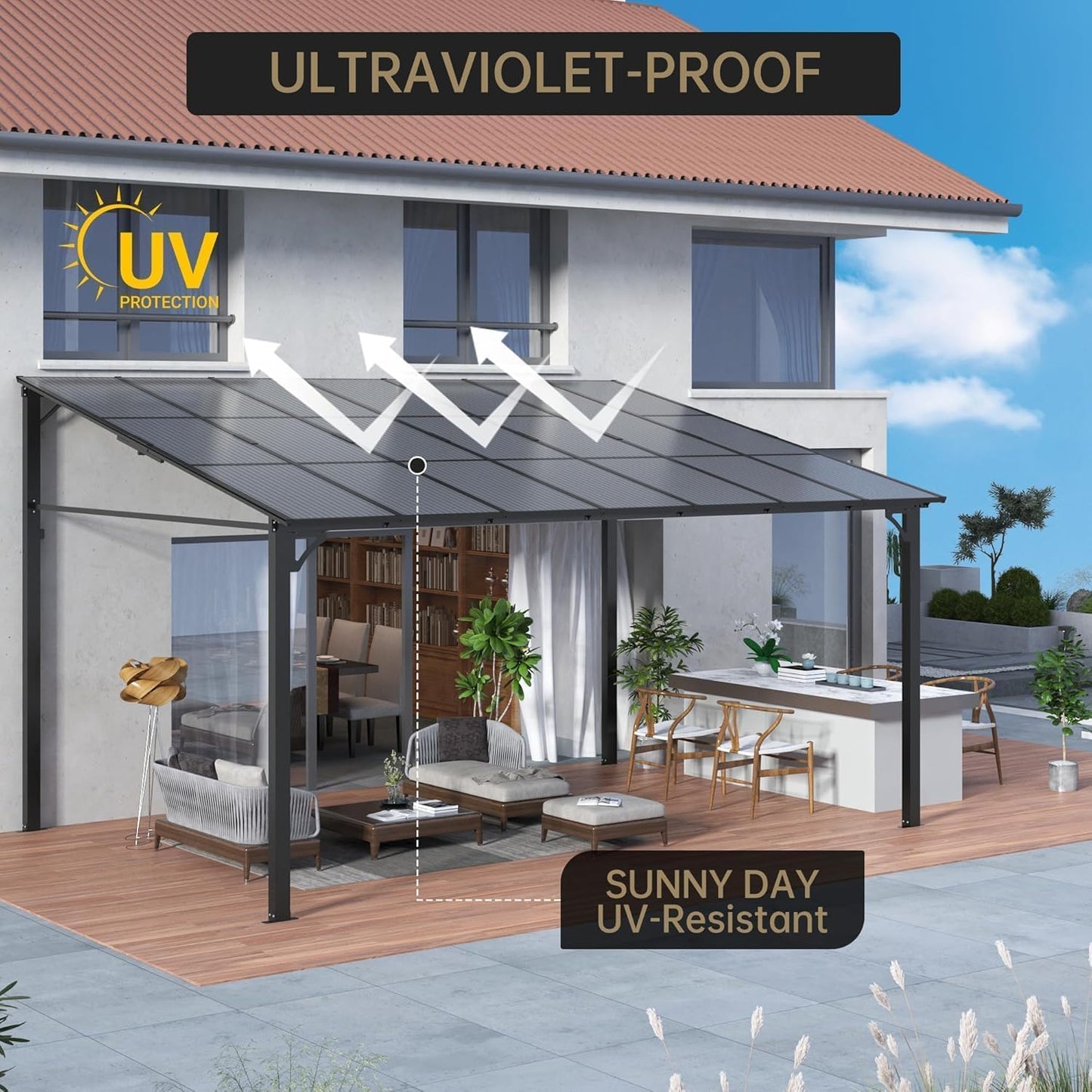 10x14 ft Wall Mounted Gazebo, Hardtop Lean to Pergola with Sloped Roof & Gutters, Heavy Duty Outdoor Awning for Patio, Deck, Porch, Backyard – Black