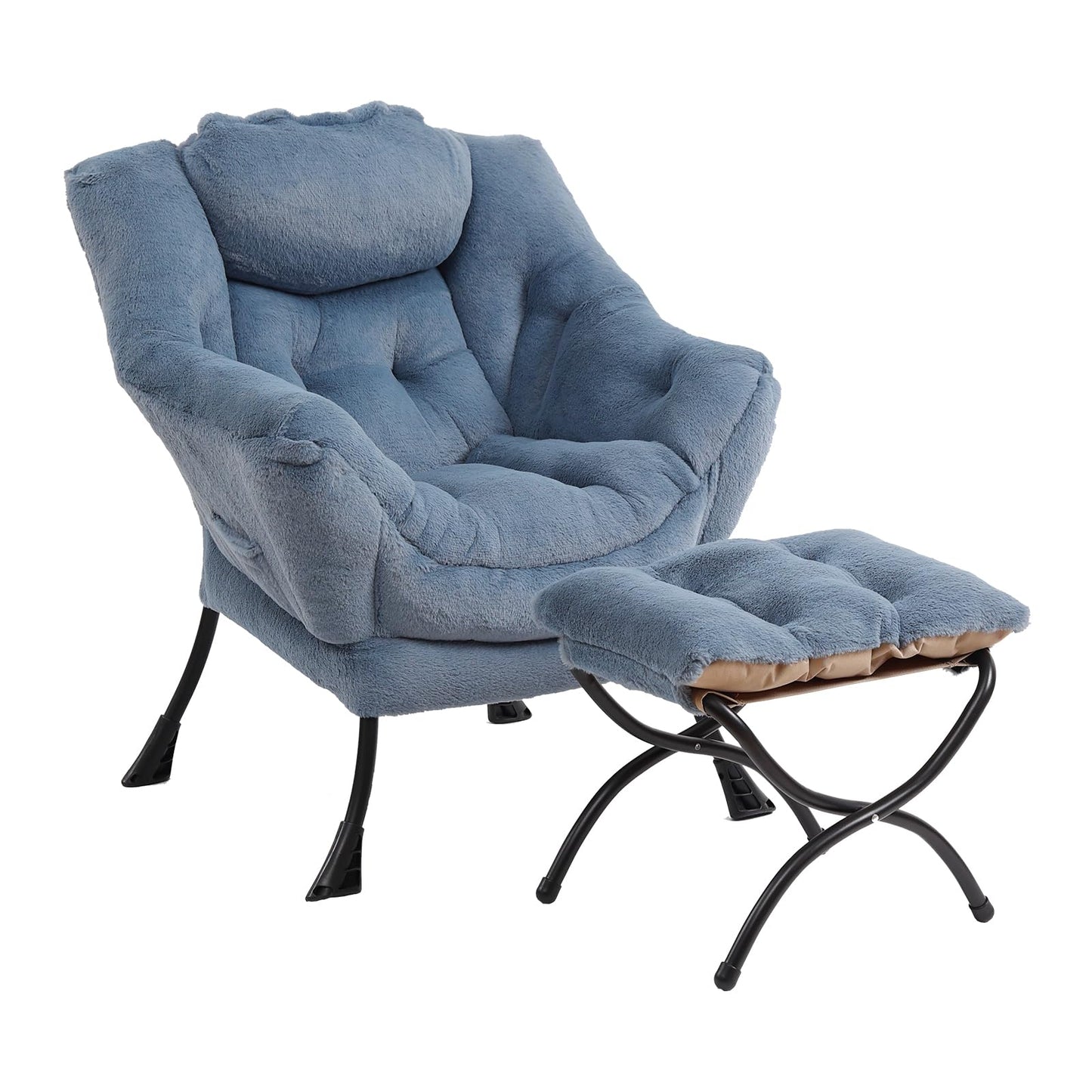 Furlide Lazy Chair with Ottoman, Modern Accent Chair with Armrests and a Side Pocket, Plush Light Blue Accent Chairs, Reading Chairs, Oversized Armchairs for Bedroom, Study, Living Room, Courtyard