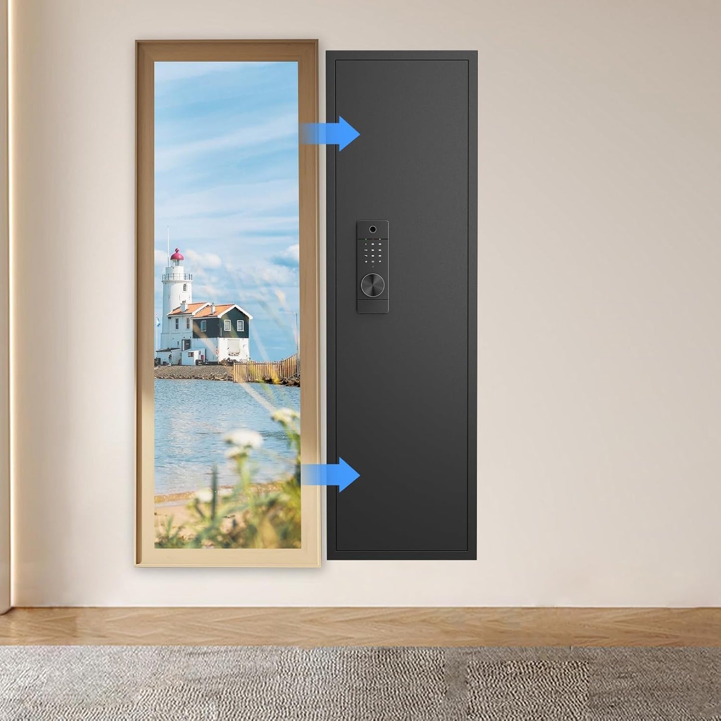 53" Tall Hidden Wall Safe with Fingerprint Lock - Fireproof & Waterproof, Dual Alarm System, 3 Adjustable Shelves, Magnetic Slot & Key Hooks - Modern Black Steel Construction