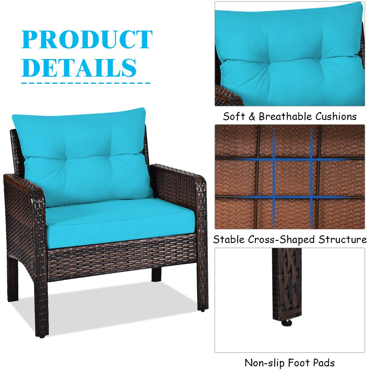 Tangkula 3 Piece Wicker Chairs with Glass Top Coffee Table, Thick Cushions, All Weather Garden Lawn Poolside Backyard Porch Outdoor Patio Furniture Set for 2 (Turquoise)