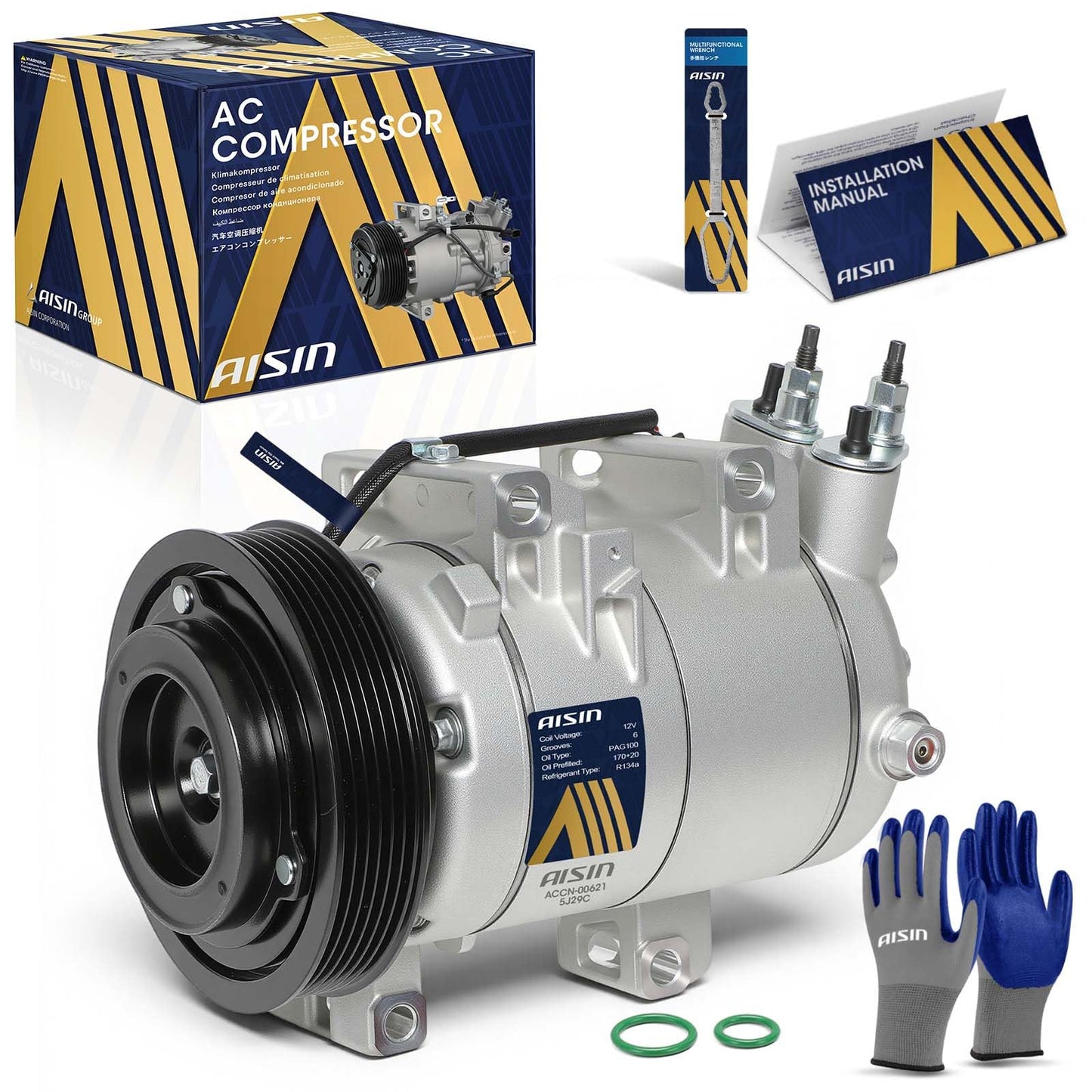 AISIN AFTERMARKET ACCN-00621 Air Conditioner AC Compressor - Compatible with Nissan Rogue 2008-2013 2.5L, Rogue Select 2014-2015 2.5L - with 6-Pulley Groove, with Clutch