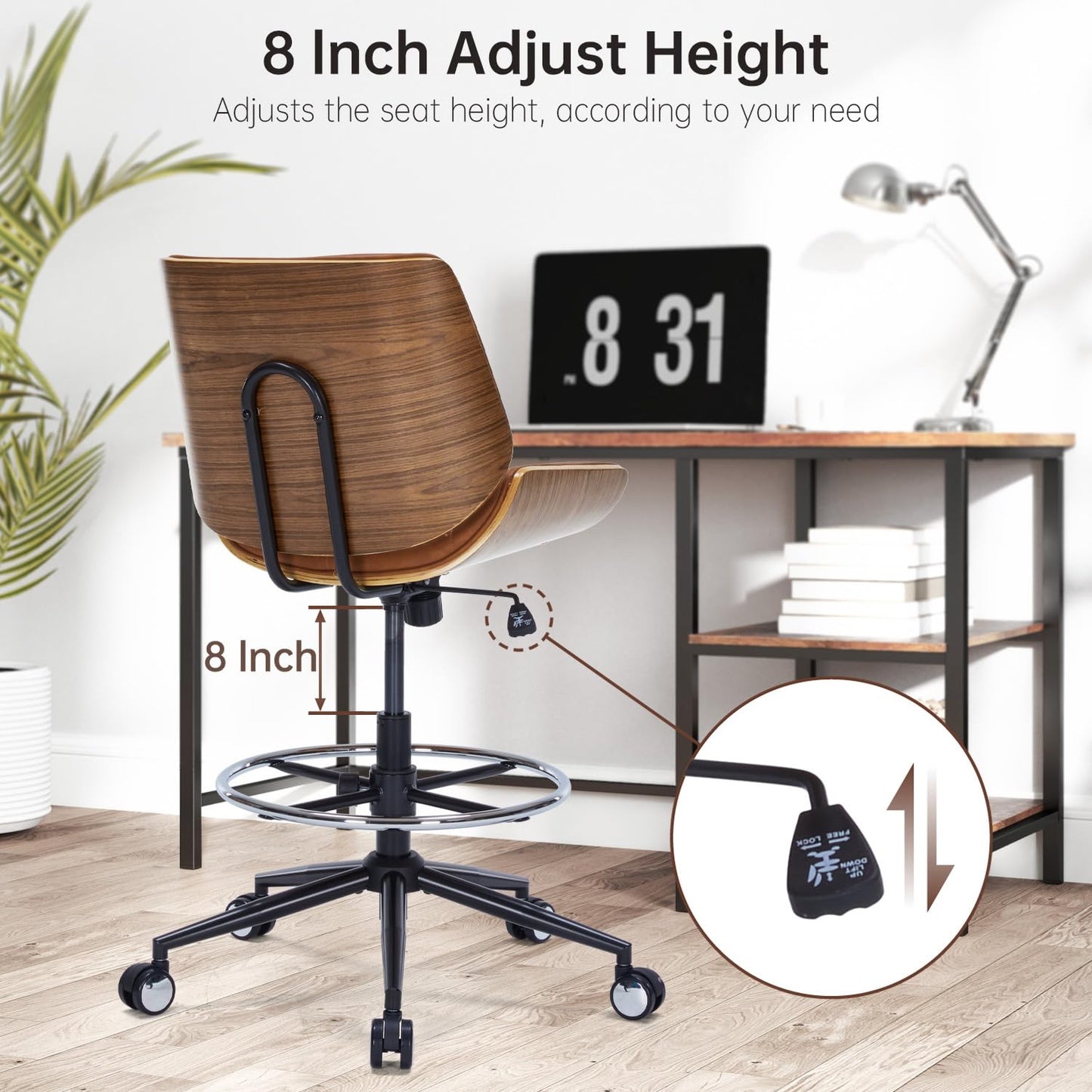 Drafting Office Chair Ergonomic Executive Computer Standing Desk Chair with Adjustable Height and Footrest Ring, Drafting Chair for Counter Height Desk and Drawing (Brown)