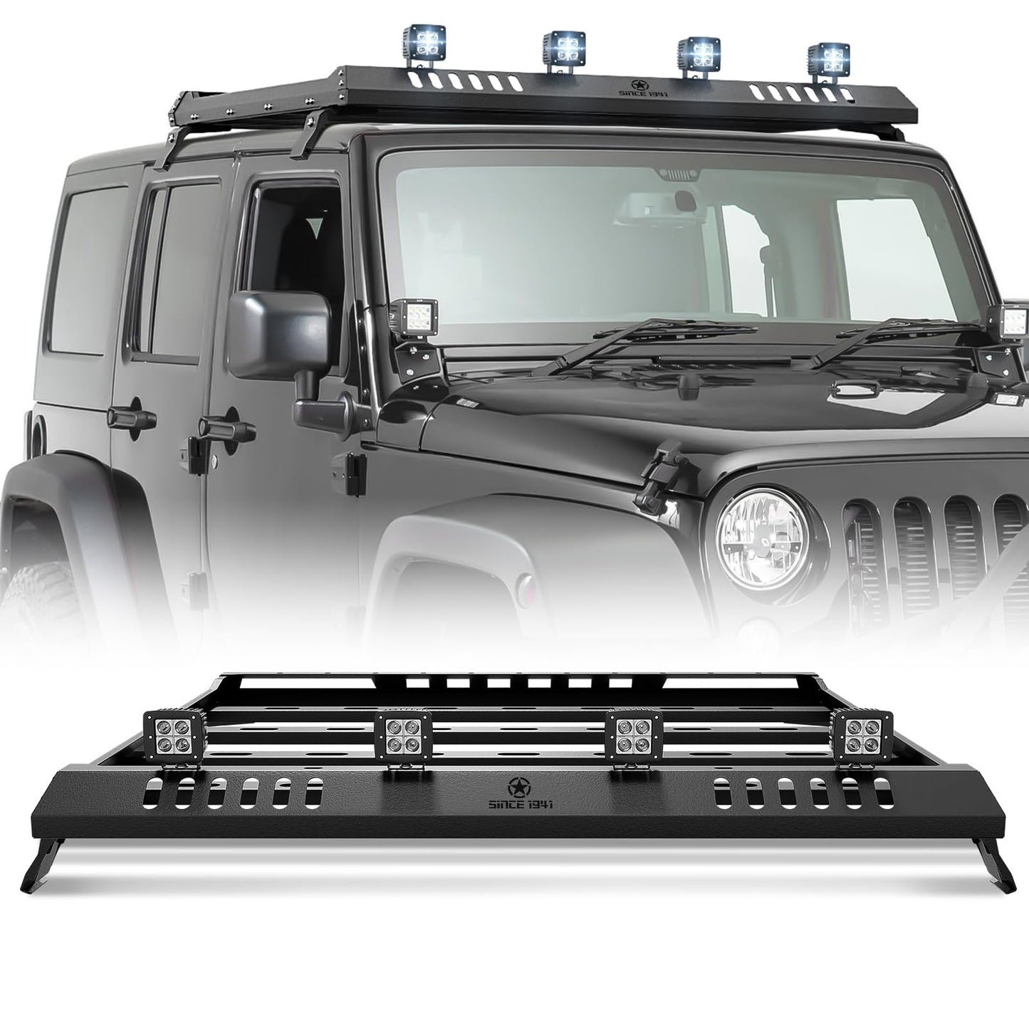 YZONA Roof Rack Cargo Basket with 4 PCS LED Light Bar Compatible with 2007-2026 Jeep Wrangler JK JL Unlimited & Gladiator JT 4 Doors Hardtop Model, JKU JLU Luggage Storage Carrier Rooftop Racks