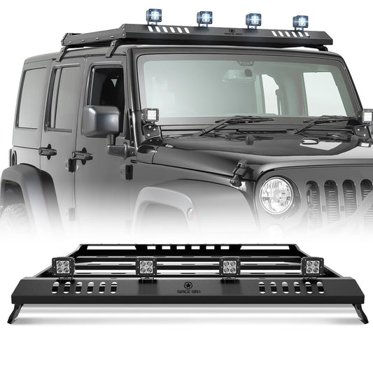 YZONA Roof Rack Cargo Basket with 4 PCS LED Light Bar Compatible with 2007-2026 Jeep Wrangler JK JL Unlimited & Gladiator JT 4 Doors Hardtop Model, JKU JLU Luggage Storage Carrier Rooftop Racks