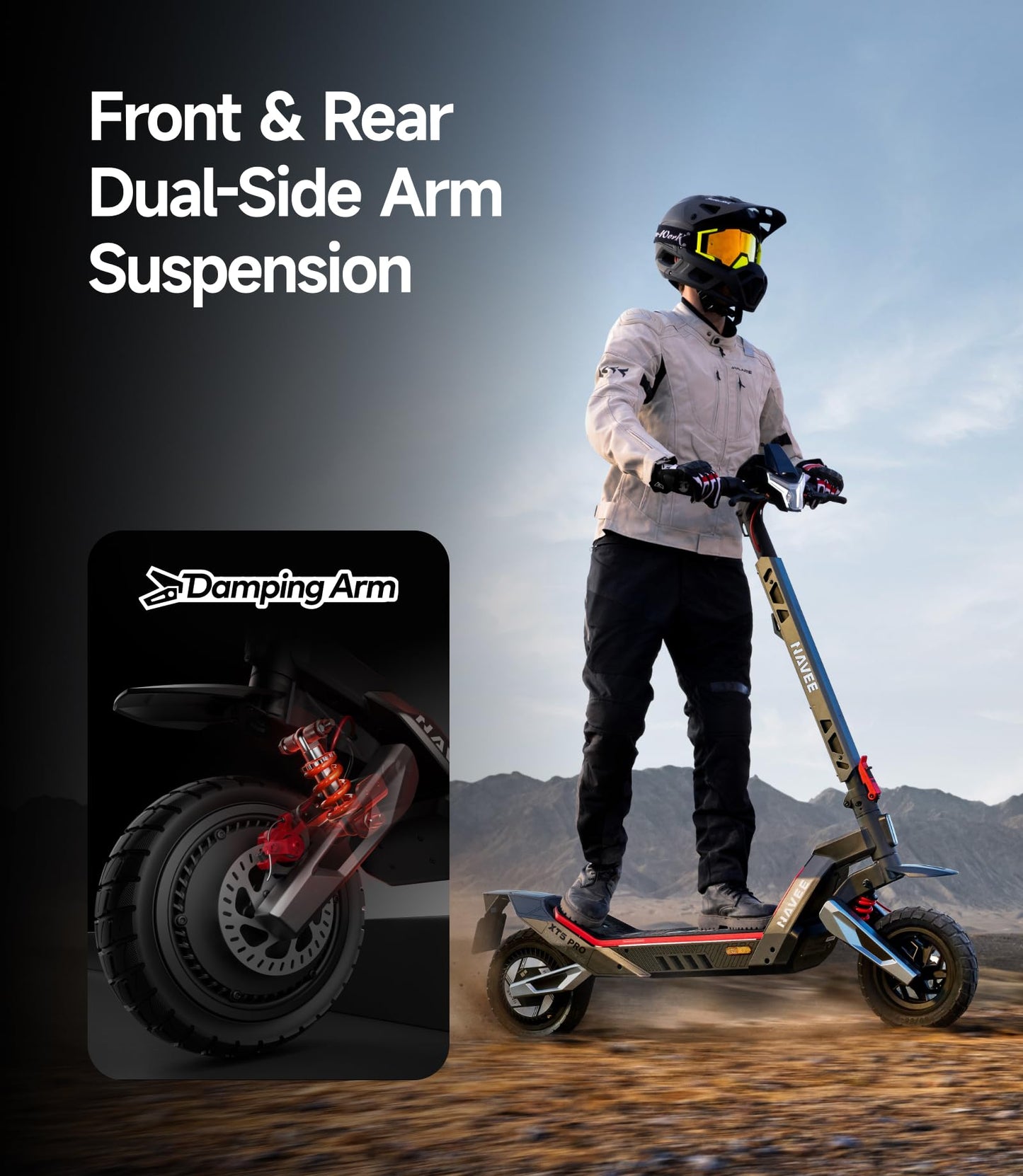 NAVEE XT5 Pro Electric Scooter, 30 mph Speed, 46.6 Miles Range, 2200W 2000W 1200W 1000W Motor, Dual Damping Arm Suspension & Disc Brake, Fast Charging, Adults Teens, 12" Off-Road Tires, Heavy Duty