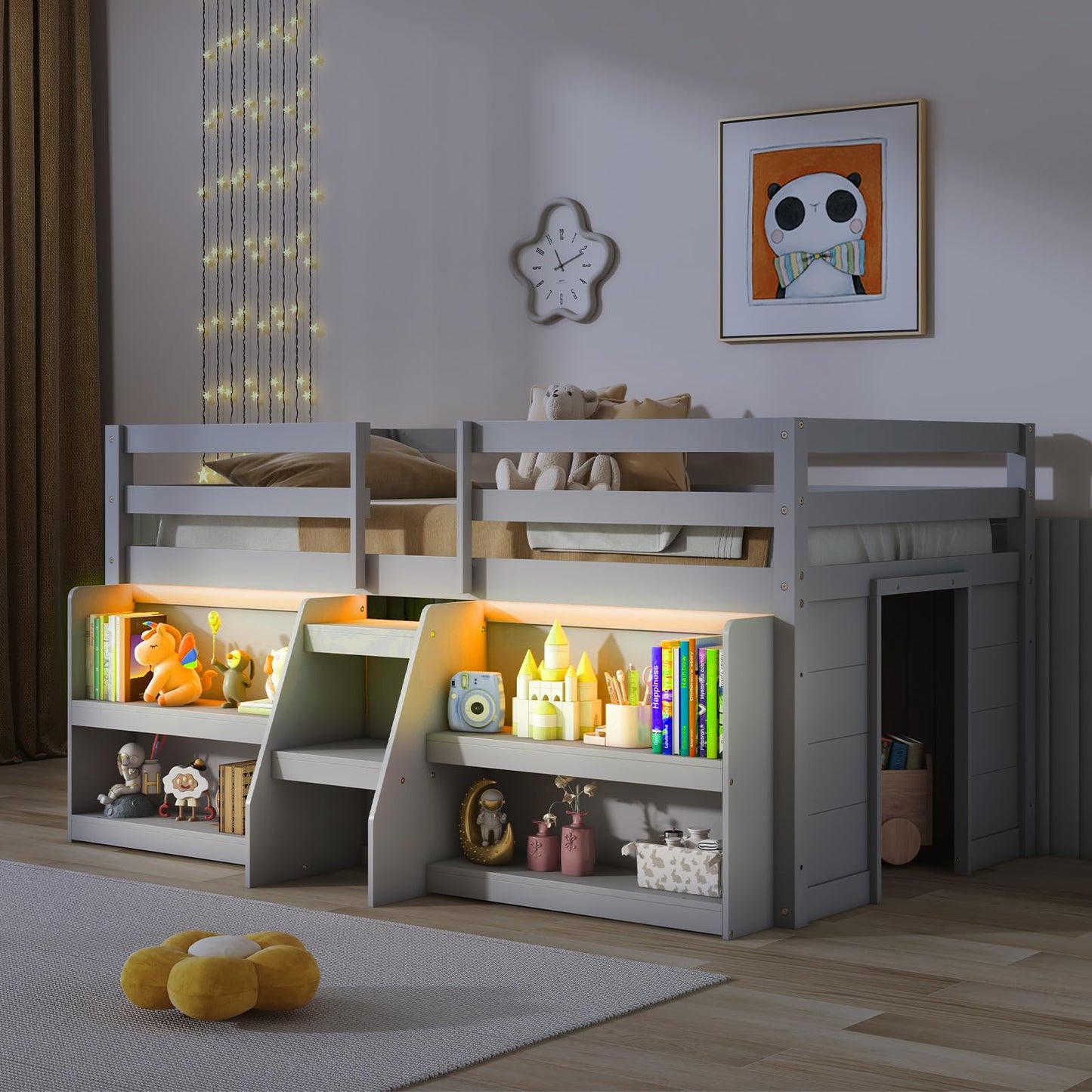 Giantex Twin Loft Bed with LED Lights, Wooden Loft Bed Twin Size with Stairs & Safety Guardrail, Low Loft Bed for Kids with Storage Bookcase and Under-Bed Play Space, Grey
