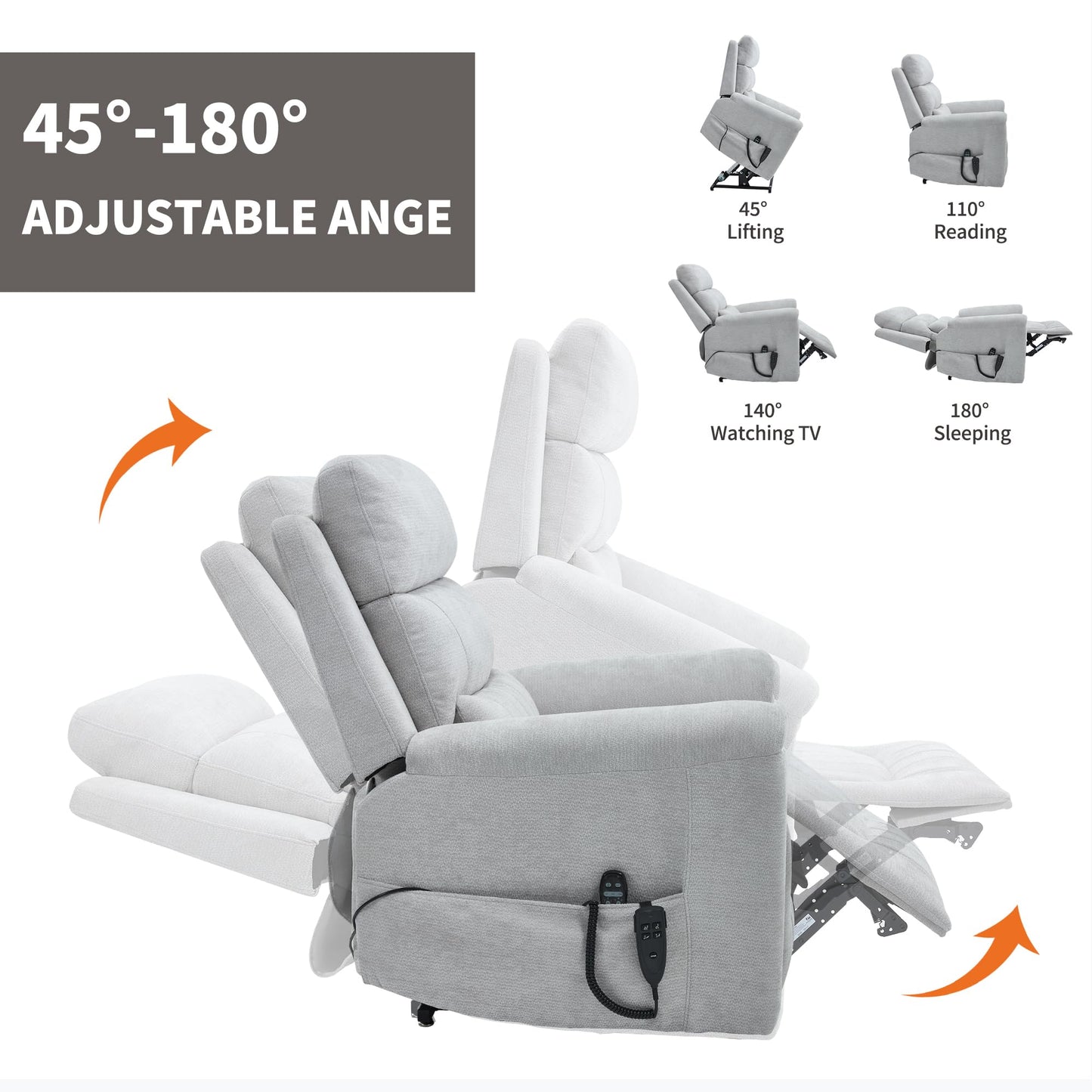 KEIKI Oversized Dual Motor Power Lift Recliner Chair for Elderly, Chenille Upholstery Breathable Rocking Chair with Back Massager and Heated, Senior Daily Relaxation and Home Comfort Seat, Grey