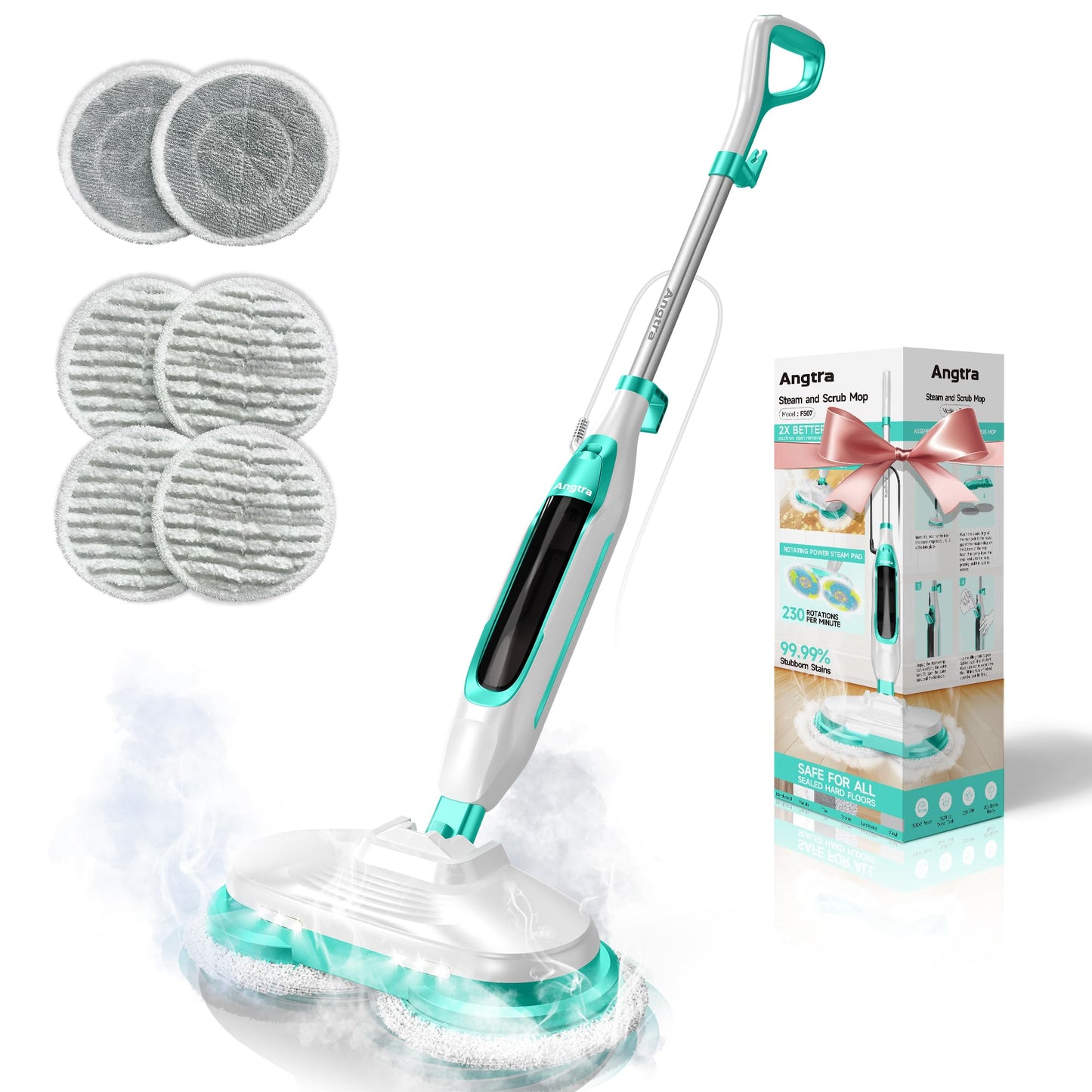 Angtra Scrubbing Steam Mop with Rotating Mop Pads, All-in-One Hard Floor Cleaner with LED Headlights, Steam & Spin Control, 6 Soft Scrub Pads, Swivel Steering, FS07