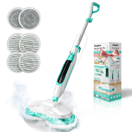 Angtra Scrubbing Steam Mop with Rotating Mop Pads, All-in-One Hard Floor Cleaner with LED Headlights, Steam & Spin Control, 6 Soft Scrub Pads, Swivel Steering, FS07