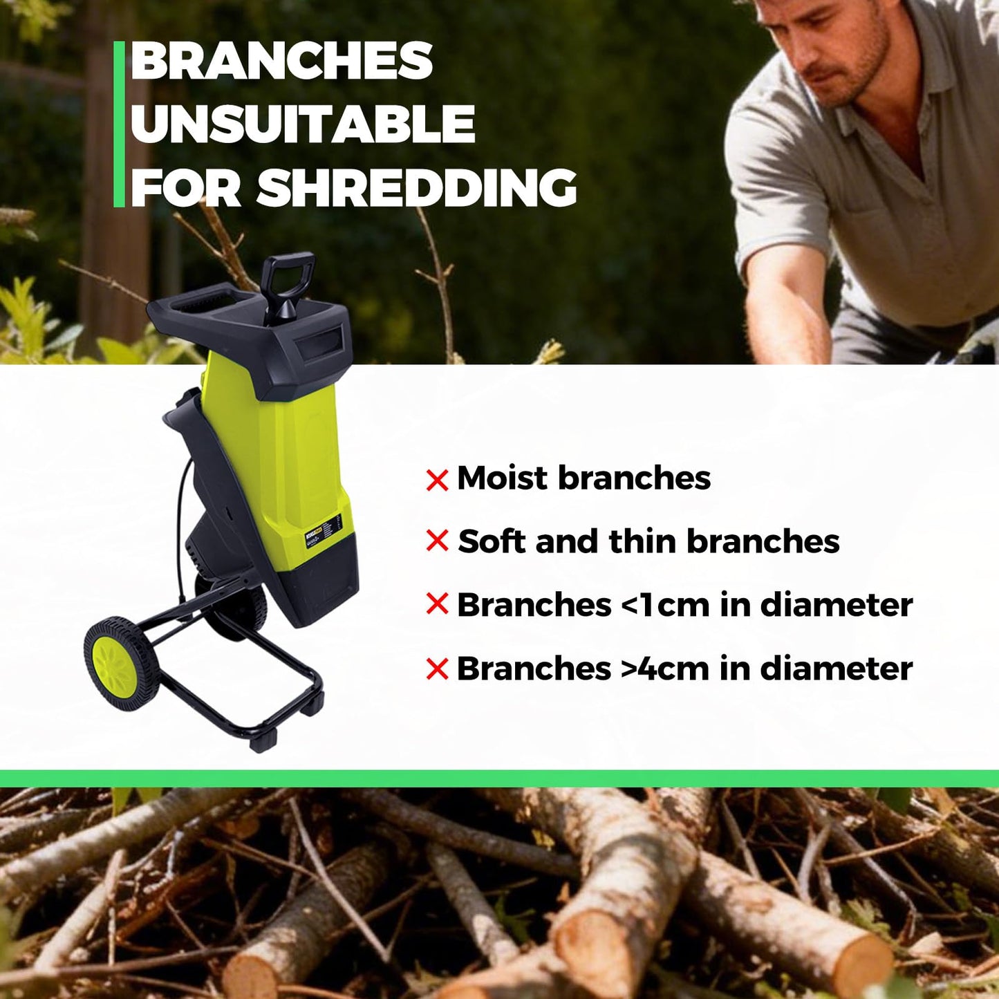 ZHDANB Wood Shredder, Mulching Machine, 40mm/1,57in Branch Chipper, 50L Collection Bag, Home Garden Shredder Electric, for Processing Branches, Sticks & Yard Waste Green