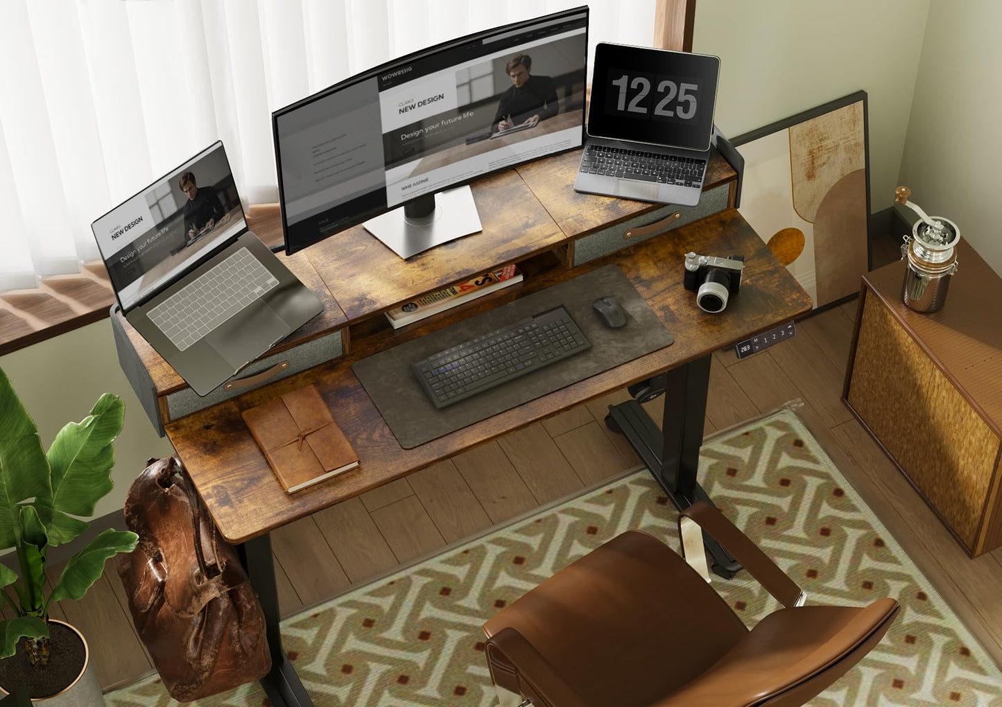 Claiks Standing Desk with Drawers, Stand Up Electric Standing Desk Adjustable Height, Sit Stand Desk with Storage Shelf and Splice Board, 55 Inch, Rustic Brown