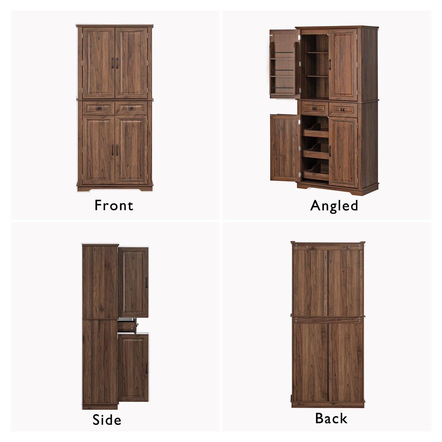 GDFStudio Hakf 71" Tall Kitchen Pantry Cabinet, 3 Pull Out Pantry Cabinet Organizers, Spacious Storage Organizer with 6 Door Shelves, 2 Drawers, Freestanding Cupboard for Kitchen Dining Room, Brown