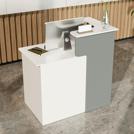 HPLWYM L Shaped Reception Desk with Lockable Drawer, Small Front Desk, Office Reception Room Table, Checkout Retail Counter for Office Lobby Cafe Salon (White+Grey, 39.4"(L) x23.6(W) x39.4(H))
