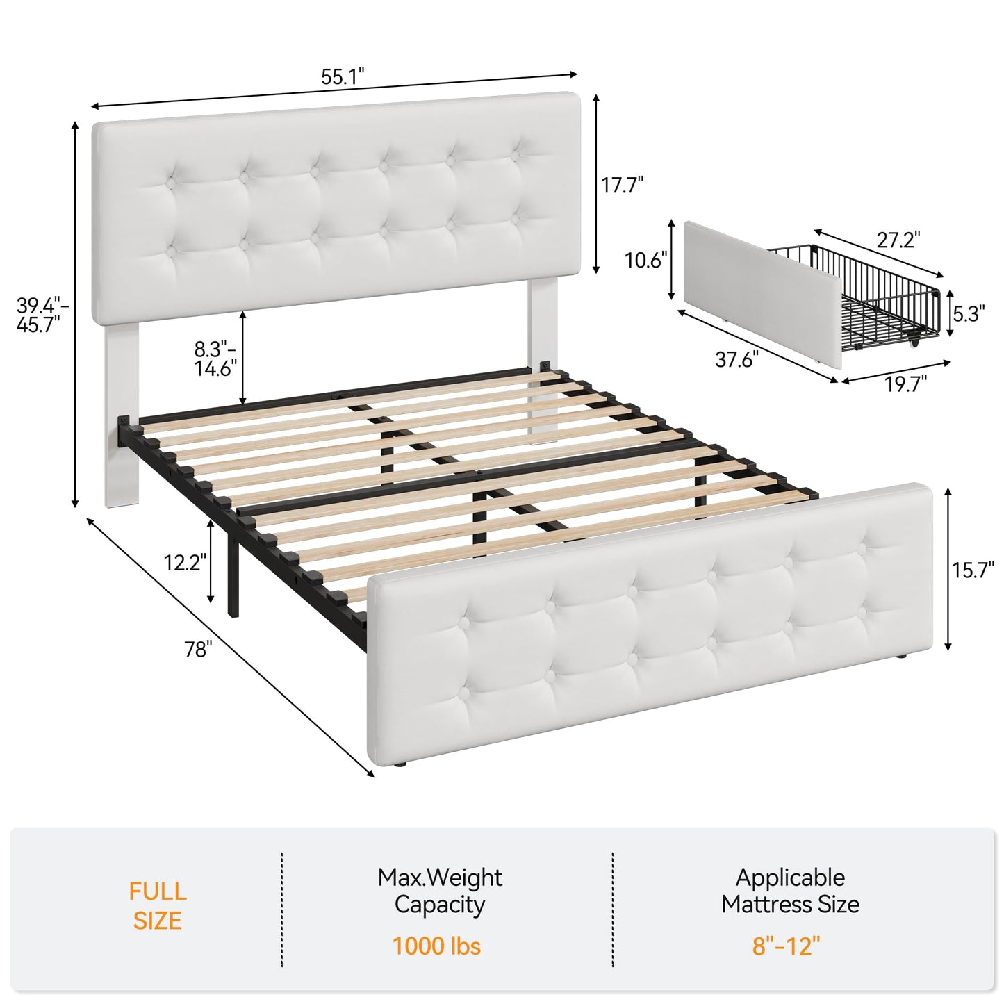 IDEALHOUSE Full Size Bed Frame with 4 Storage Drawers and Headboard, Faux Leather Upholstered Platform Bed Frame with Wooden Slats Support, Button Tufted Design, No Box Spring Needed, White