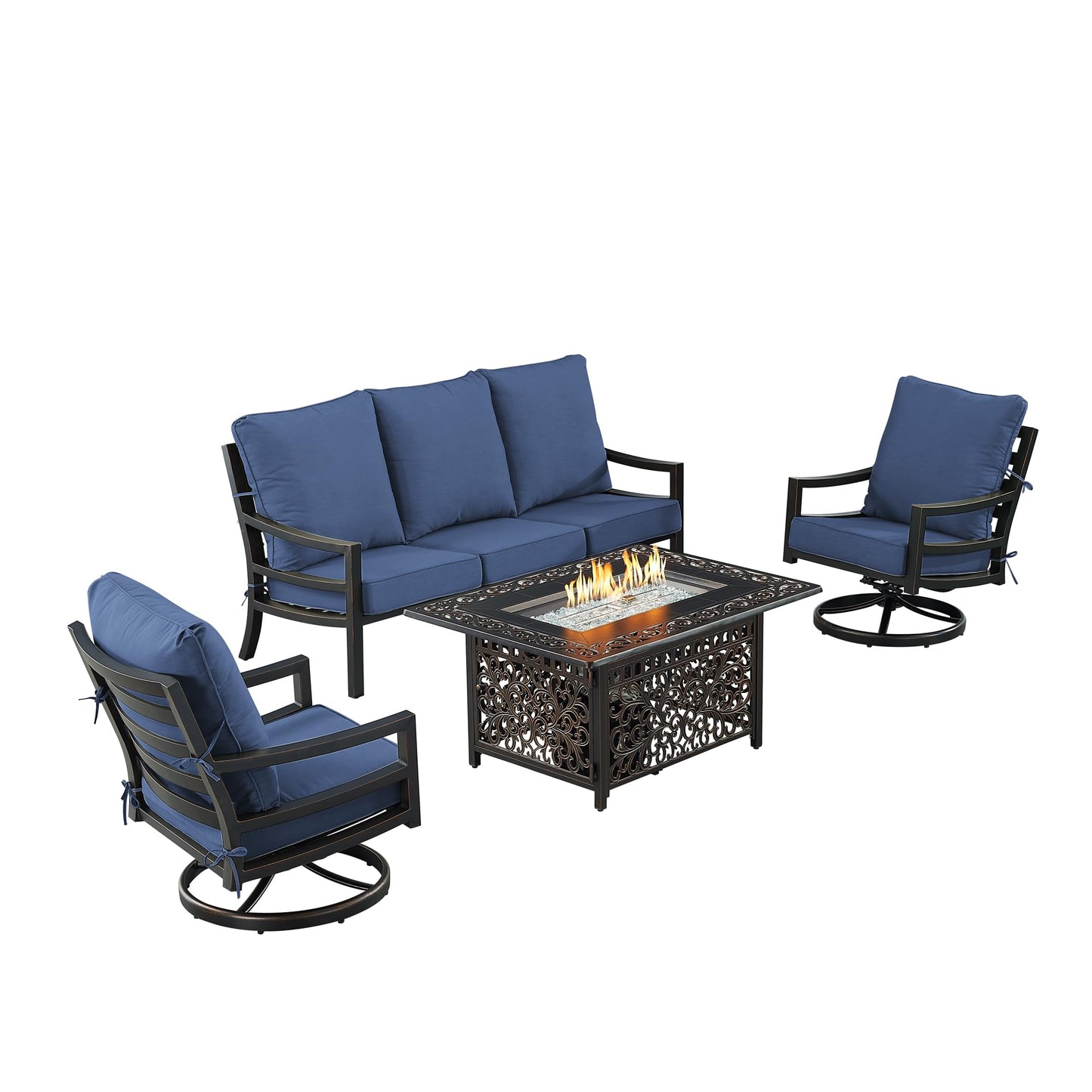 Oakland Living Black Aluminum Patio Fire Table Set with Deep Seating Sofa with Cushions and Two Club Chairs with Blue Cushions