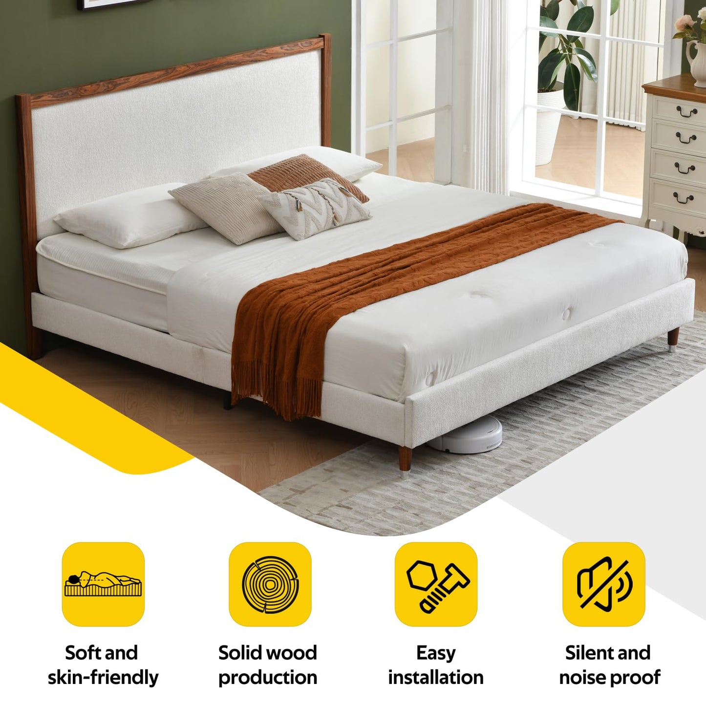 YUHUASHI King Upholstered Platform Bed Frame with Solid Wood Trim Headboard, Linen Fabric Upholstery, Sturdy Slat Support No Box Spring Needed, Easy Assembly (Cream, King (U.S. Standard))
