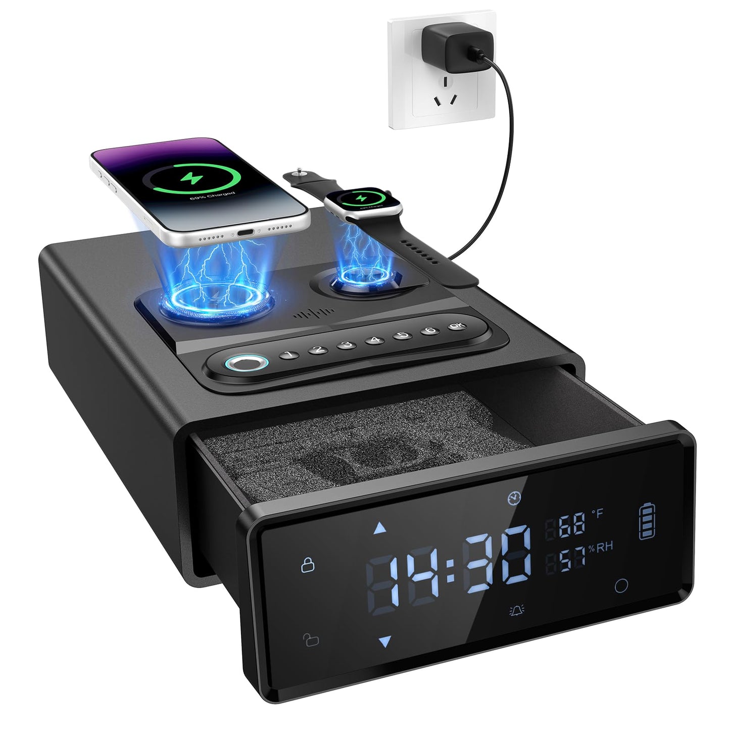 CVLIFE Biometric Gun Safe with 2-in-1 Watch & Phone Wireless Charging, 4 Quick Access Clock Handgun Safe, 24/7 Digital Clock, Pistol Safe with Adjustable Brightness and Volume, and Auto Pop-Up Access