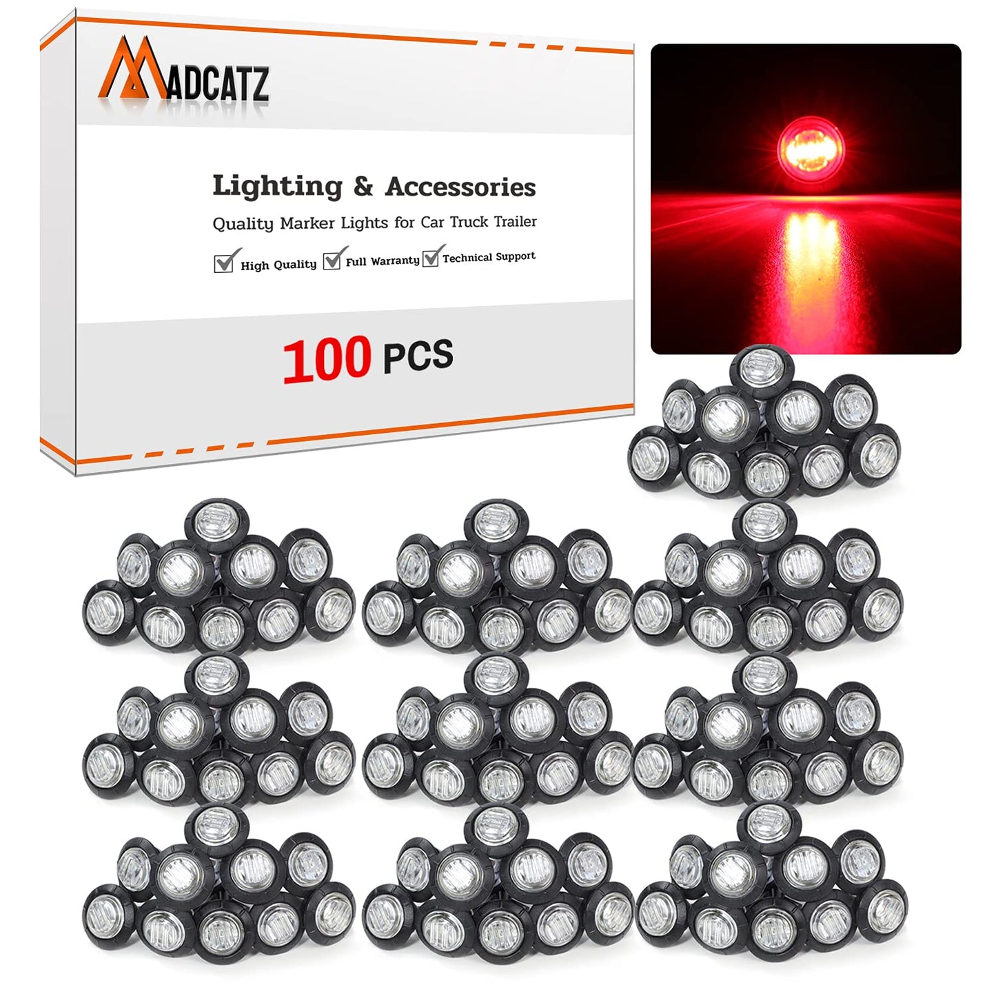 MADCATZ 100Pcs LED Marker Lights, 3/4 Inch Clear Lens Red, Turn Signal Indicator, for Trailer Truck RV Car Bus Van