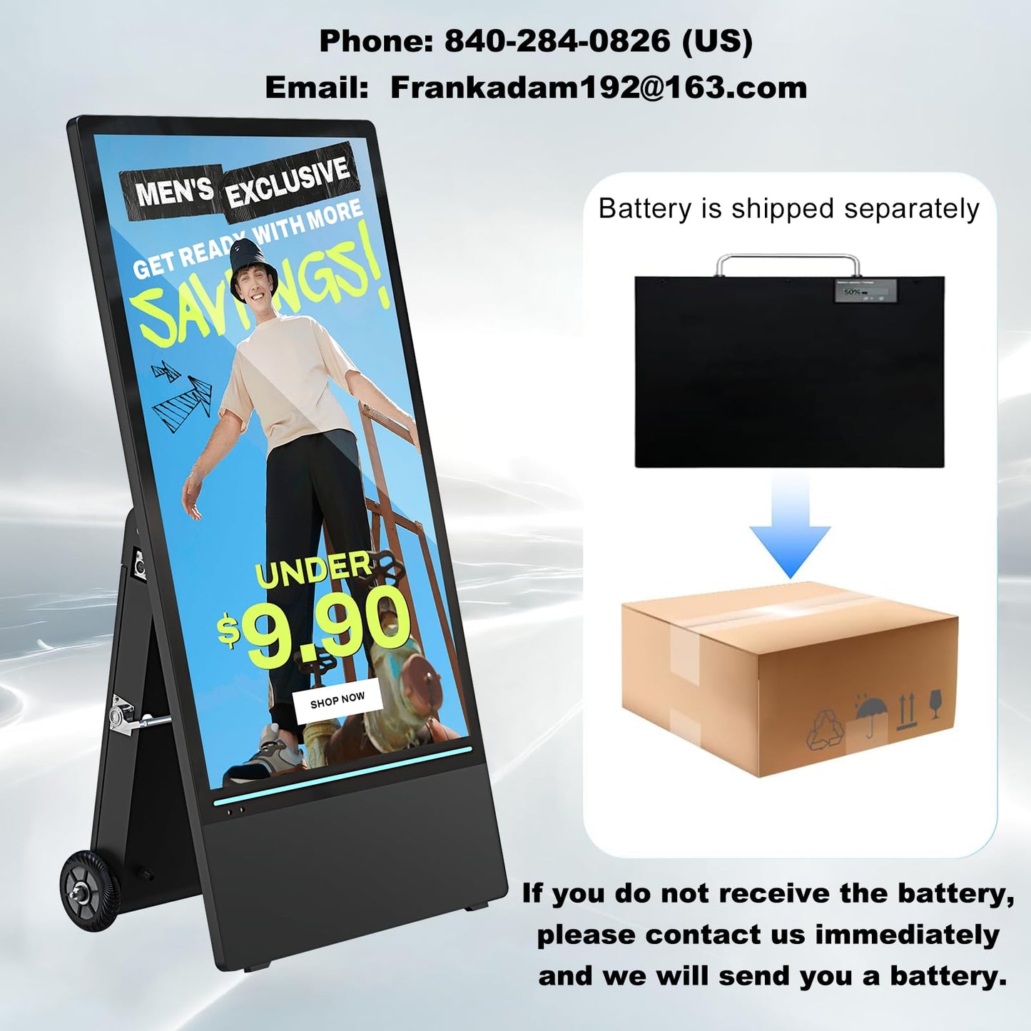 YIXZSWD 43 Inch Outdoor Digital Signage A-Frame Displays, Rechargeable Digital LCD Kiosks, Moveable Commercial Totem, IP65 Waterproof, Auto Adjustment 2000nits High Brightness Screen, High Capacity Battery for Restaurant/Bar/Food Truck/Store