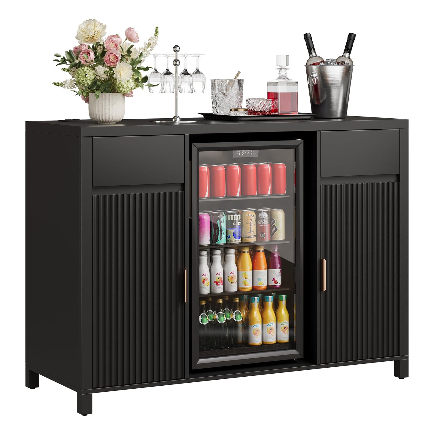 Garvee 53" Coffee Bar Cabinet with Fridge Space & Charging Station, Mini Fridge Cabinet with Wine Rack, Large Buffet Sideboard Table, Fluted Liquor Cabinet for Living Room, Dining Room, Kitchen, Black
