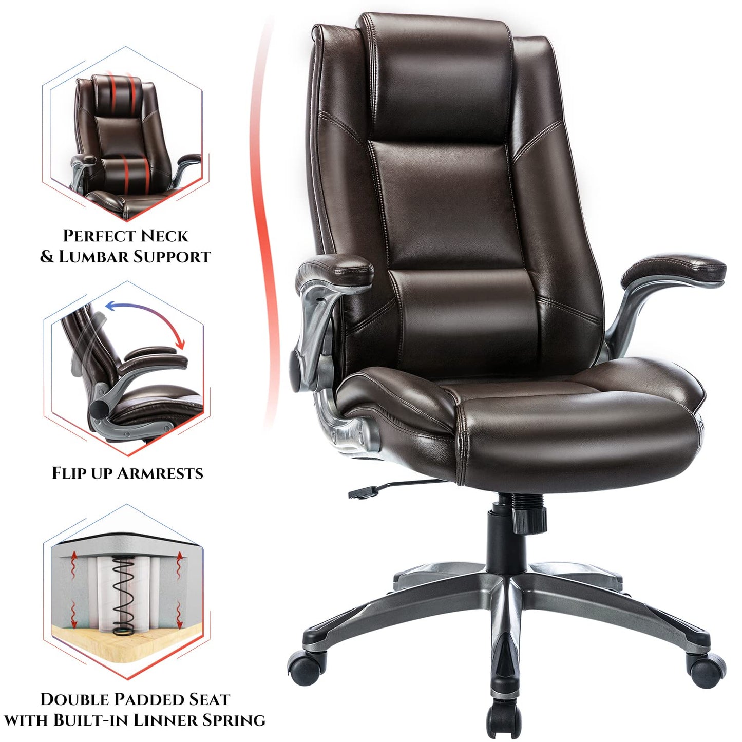 COLAMY Office Chair High Back Leather Executive Computer Desk Chair, Flip-up Arms and Adjustable Swivel Chair Thick Padding for Comfort and Ergonomic Design for Lumbar Support (Classic Black)