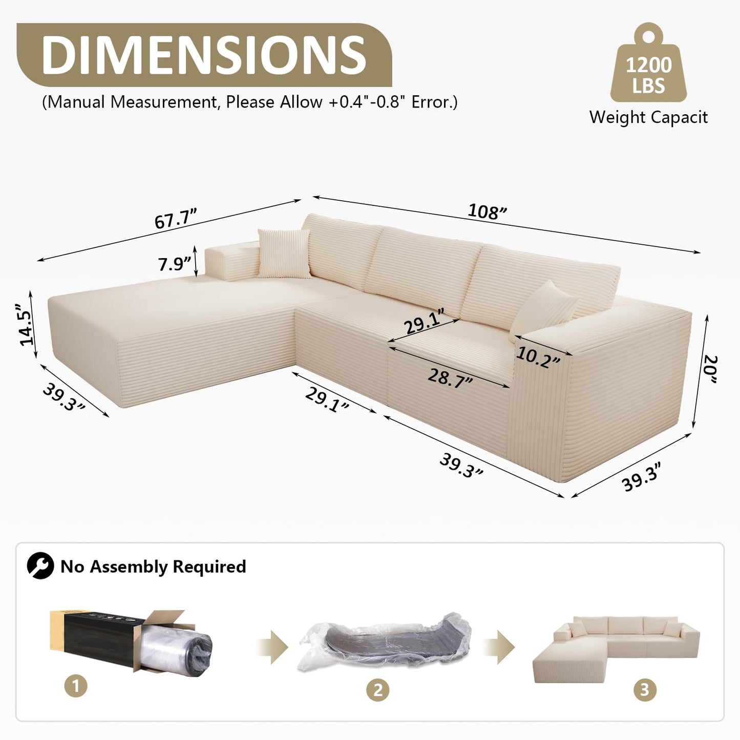 WHGBJA 108" Modular Sectional Sofa — Oversized Cloud Couch with L-Shape Chaise, Upholstered 3-Seat Modular Sectional for Living Room (Beige)