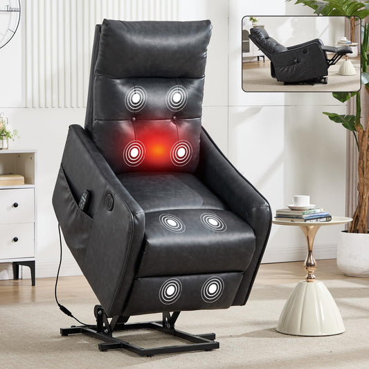 KEIKI Single Motor Power Lift Recliner Chair with Massage and Heat for Living Room, Synthetic Leather Upholstery with USB Charging Port and Side Pockets for Seniors