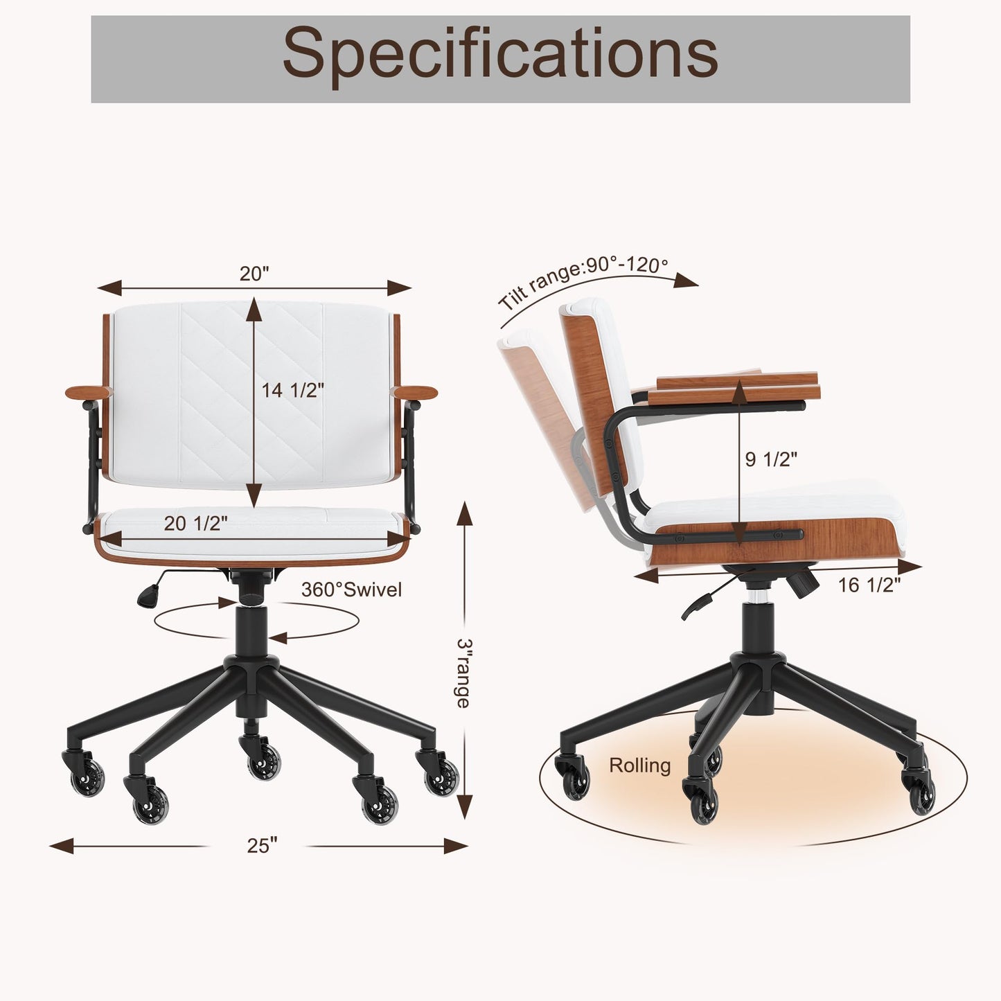 CoVibrant Ergonomic Office Chair with Rubber Wheels & Walnut Arms - PU Leather Mid-Back Desk Chair, Adjustable Height, Bentwood Backrest | Swivel Rocking Design for Home Office, Meeting Room, Study