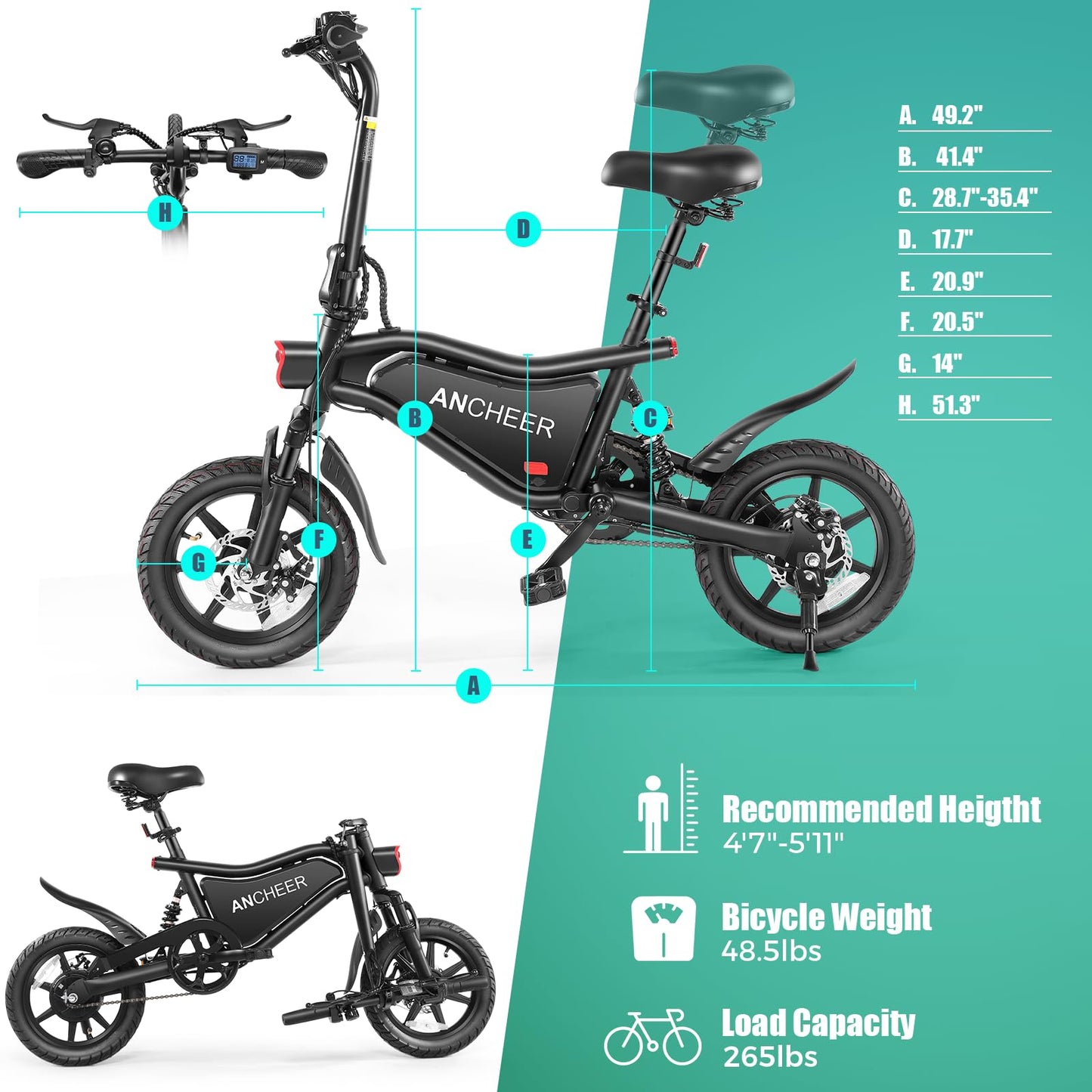 ANCHEER Folding Electric Bike for Adults, 374Wh Ebike, 20MPH Electric Bikes, 14" Foldable Electric Bicycle, 20-50 Miles Electric Bikes, E Bike, LCD Display, Dual Suspension, UL2849 Compliant