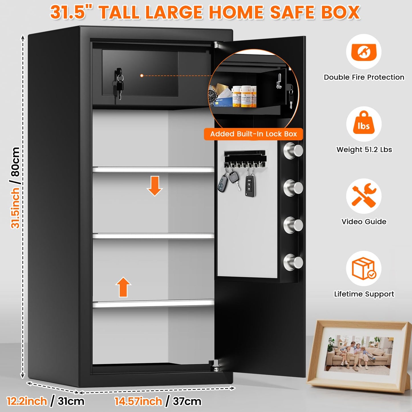 31.5"H Large Safe Box for Home & Office, 8.0 Cu Ft Heavy Duty Carbon Steel Home Safe with Electronic Combination Lock, Fire Resistant Waterproof Document Bag, Wall & Floor Mount for Valuables