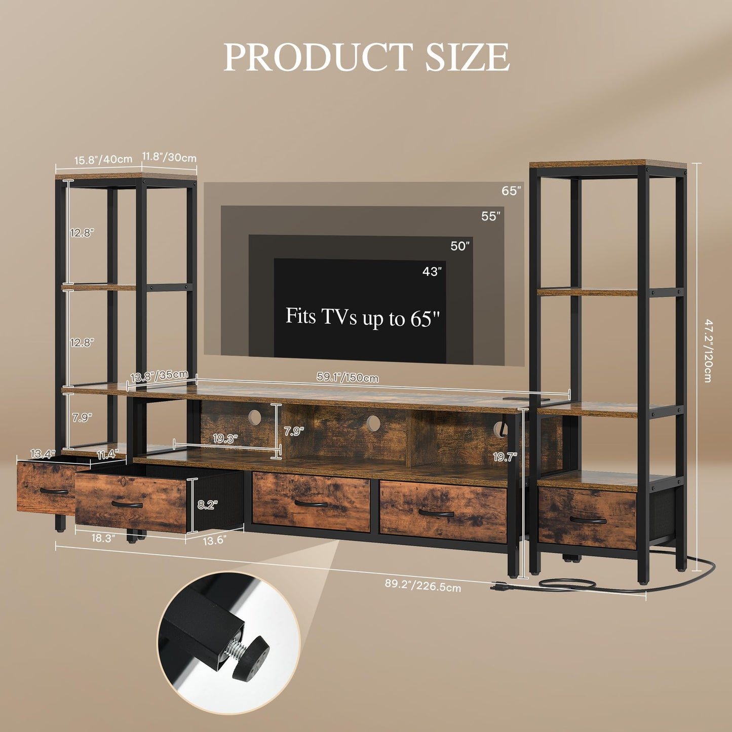 YITAHOME TV Stands for 65 inch TV Entertainment Center with 2 Industrial 4-Tier Bookshelves, LED TV Stands for Living Room, Modern Farmhouse TV Console Cabinet with Power Outlets, Rustic Brown