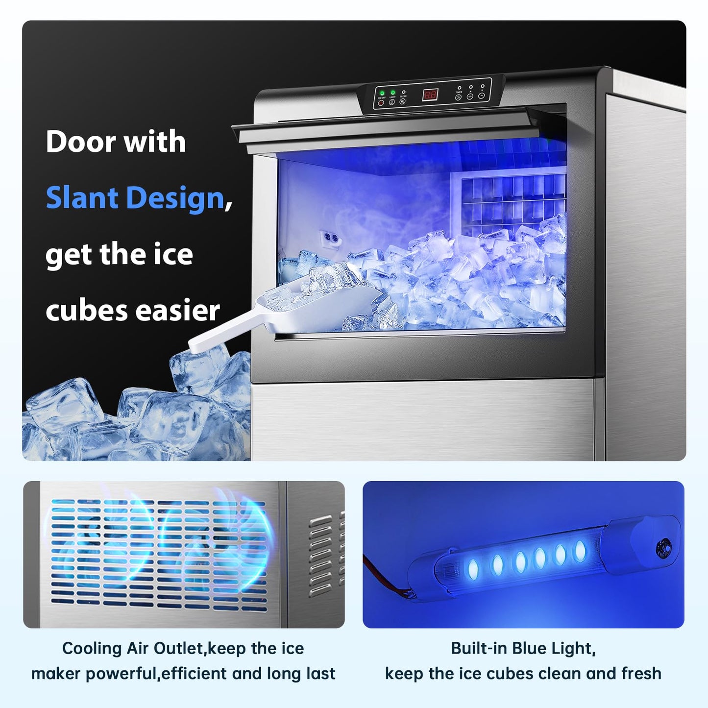 Zomagas Commercial Ice Maker 150lbs/24H, Ice Maker Machine with 50lbs Ice Storage, Self-Cleaning, LED Digital Display, Blue Light, Under Counter/Freestanding Ice Machine for Home Bar Restaurant